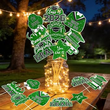 Graduation Decorations 2026 32Pcs Green Graduation Table Decorations Centerpiece Sticks with Lights for College High School Any Grade Party Decor Supplies Photo Props