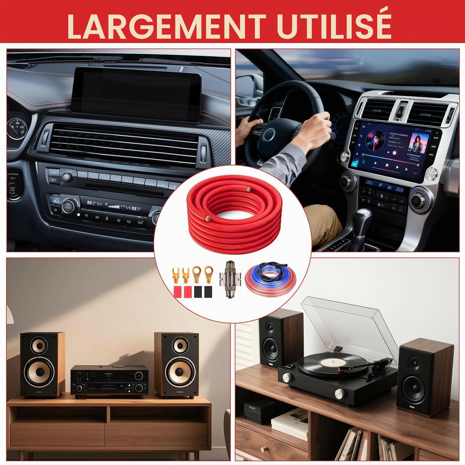 Kit de Câblage Amplificateur, 4GA Amplificateur Haut Parleur Voiture Câble Alimentation Ampli Voiture Câble pour Caisson de Basses, Câblage Amplificateur de Voiture pour La Plupart des Voitures