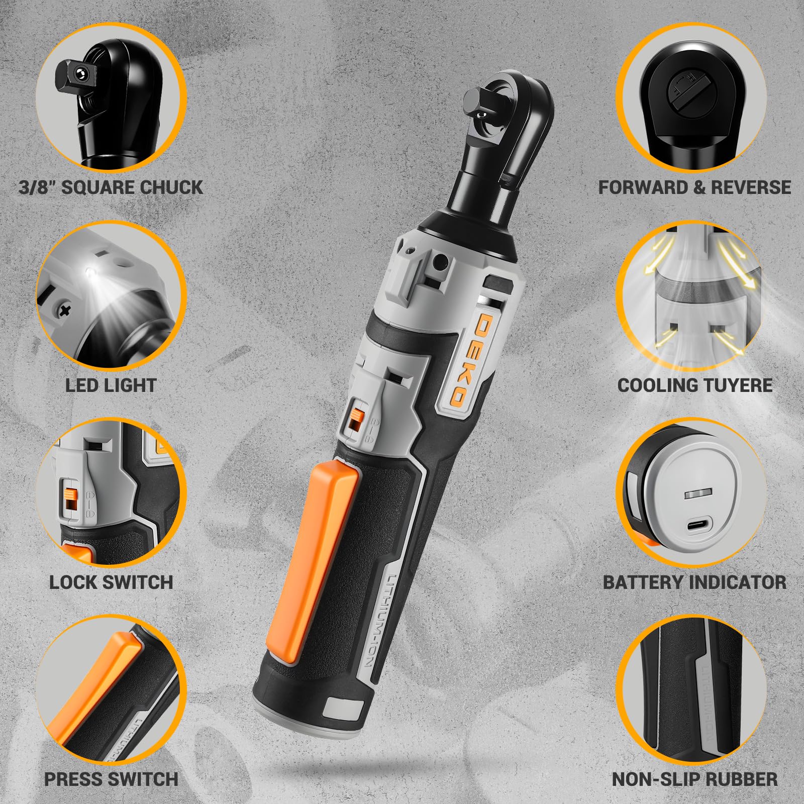 DEKOPRO Juego de Llave de Trinquete Eléctrica Inalámbrica de 3/8'', 19 Piezas, Llave de Trinquete Eléctrica de 8V 30N·m, 450 RPM, Adaptador de Vastago de 1/4'', para Montaje, Mantenimiento y Bricolaje