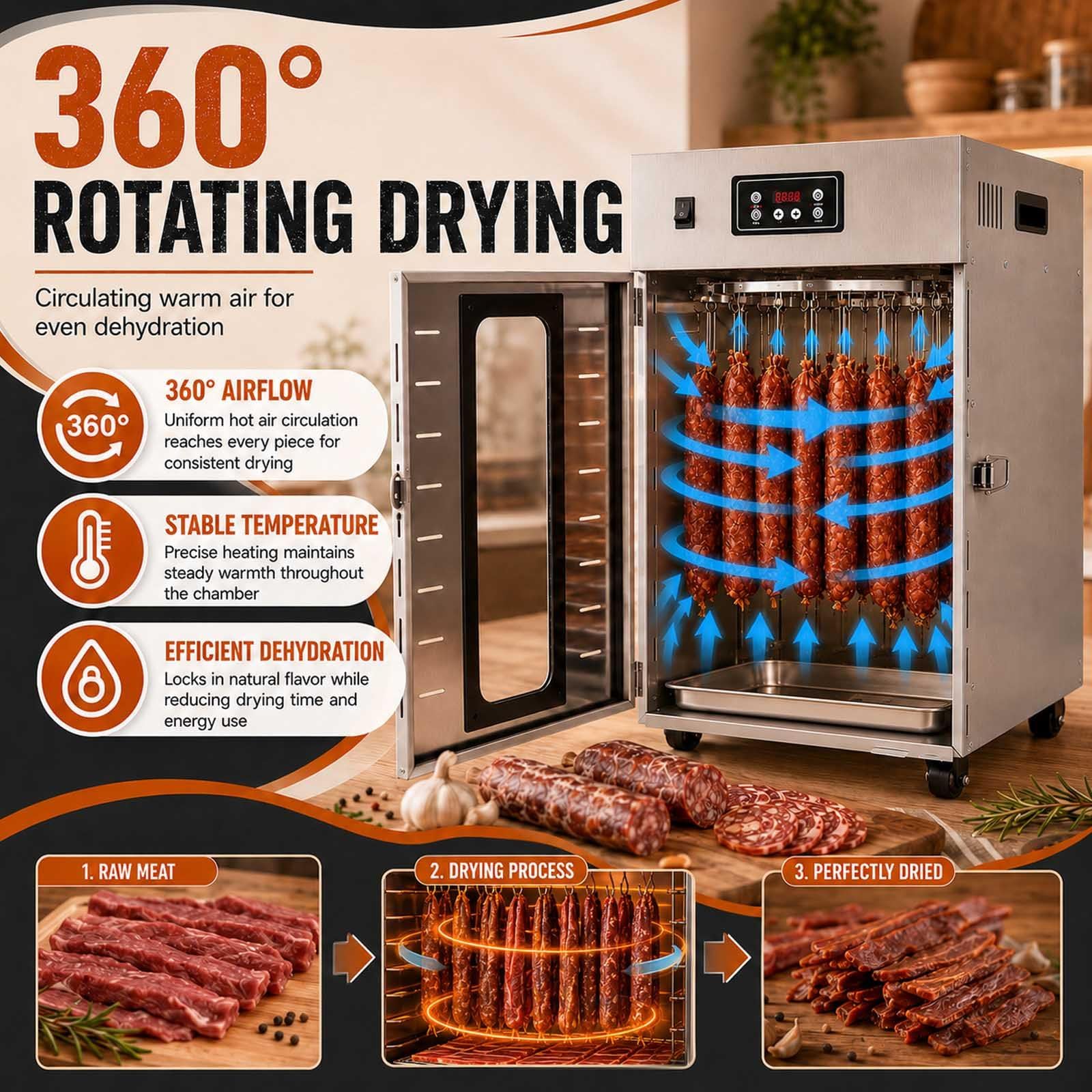Dry Ager Für Fleisch Mit 360°-Luftstrom Und 30–90 °C Regelung Withoutgrid | 800 W Edelstahl-Reifeschrank Mit 30–90 °C, 24-H-Timer, 360°-Heissluft, 14 Haken Und 5–7,5 Kg Kapazität.