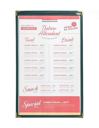 Menu Covers, Single Page, 8.5" x 14" Legal Size, Green, Pack of 6