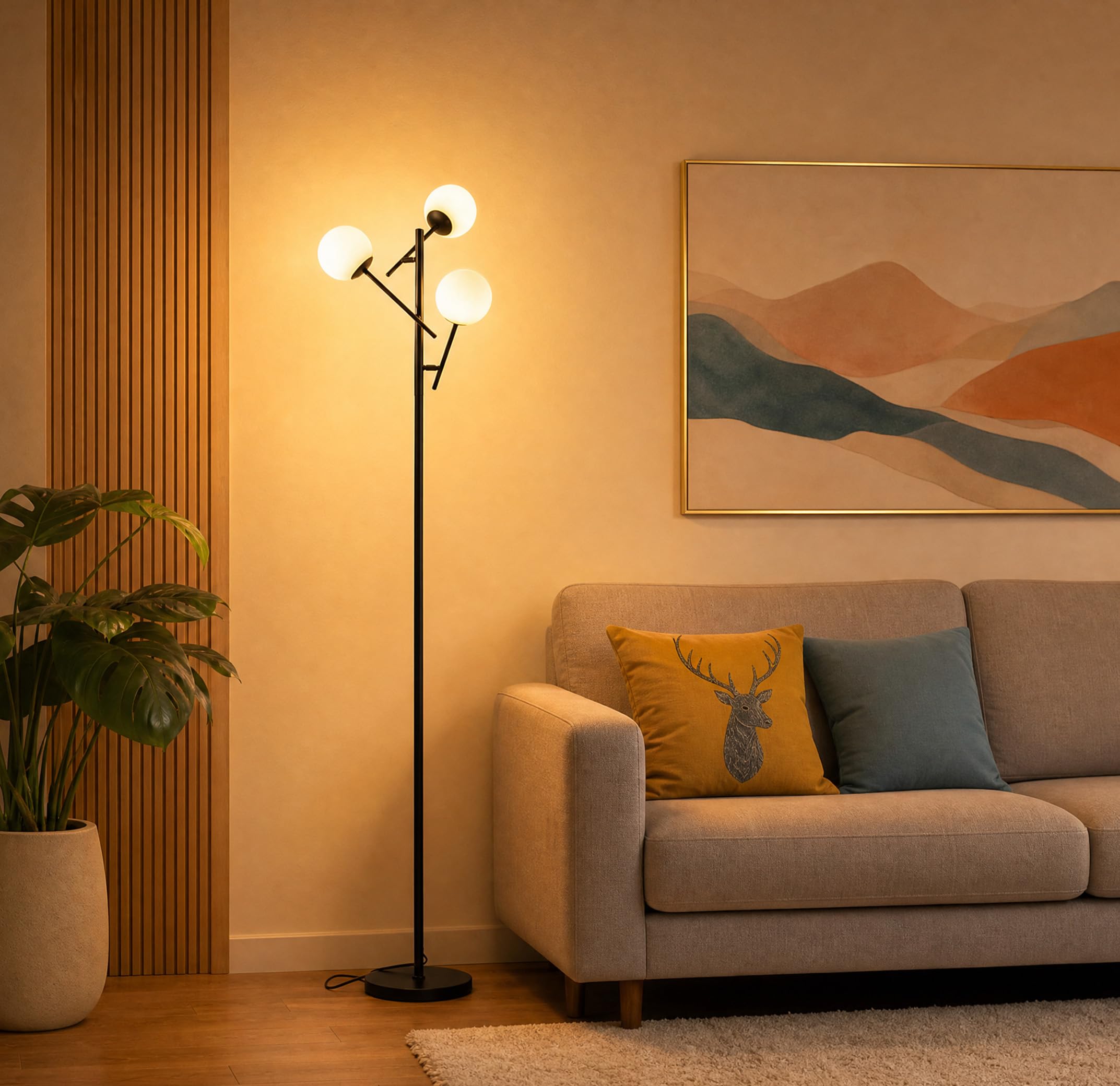 Fiqevs 3 Globe Floor Lamp for Living Room, Swing Arms Standing Tree Lamp