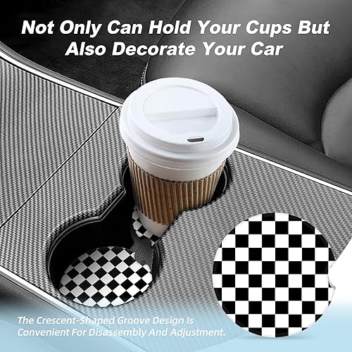 Miniatura 7 de Posavasos a cuadros negros y blancos para portavasos de automóvil, paquete de 2 posavasos de automóvil para automóvil, posavasos absorbentes de