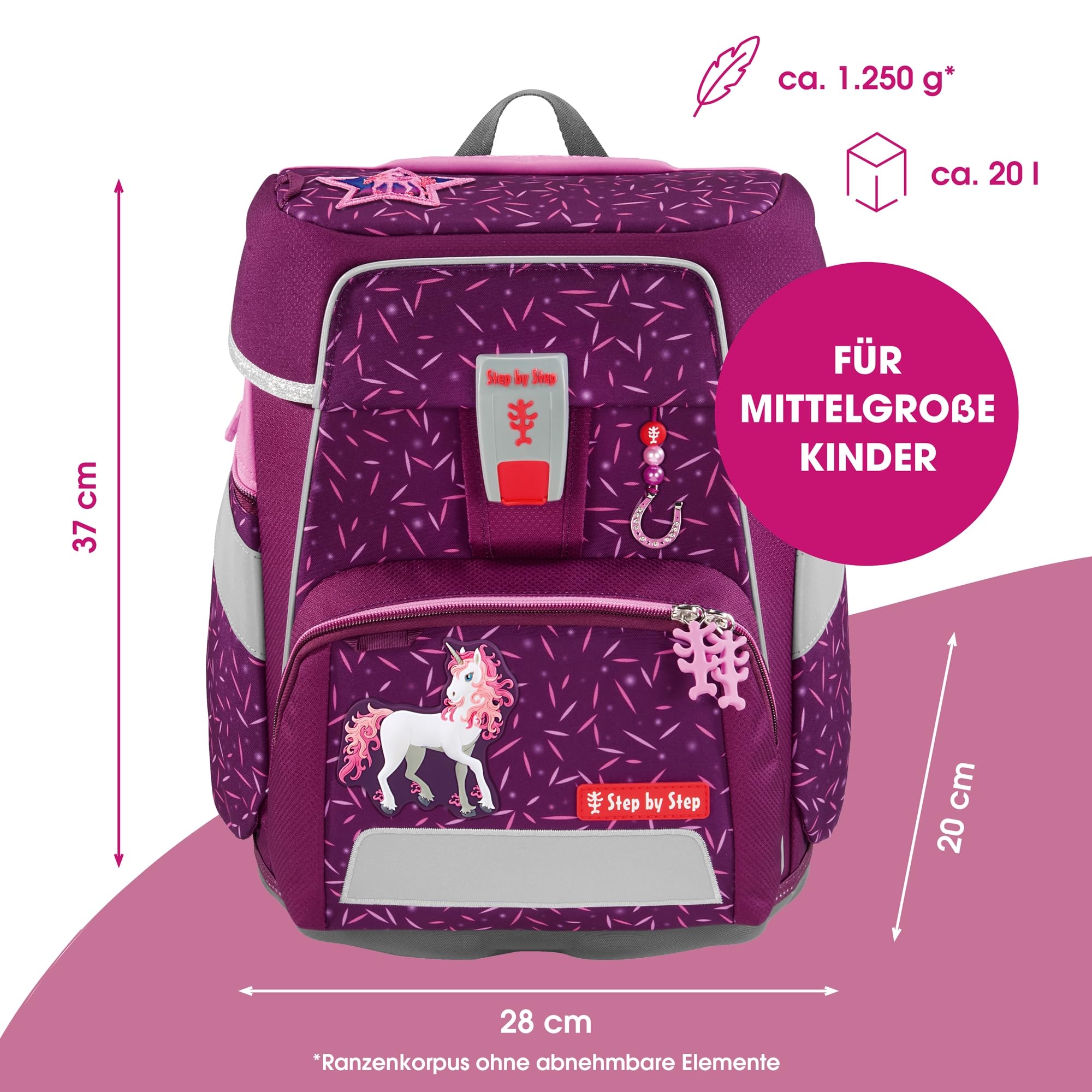 Step by Step Space - Juego de mochila escolar (5 piezas, ergonómica, con reflectores, altura regulable con cinturón para la cadera, a partir de 1ª clase, 20 L)