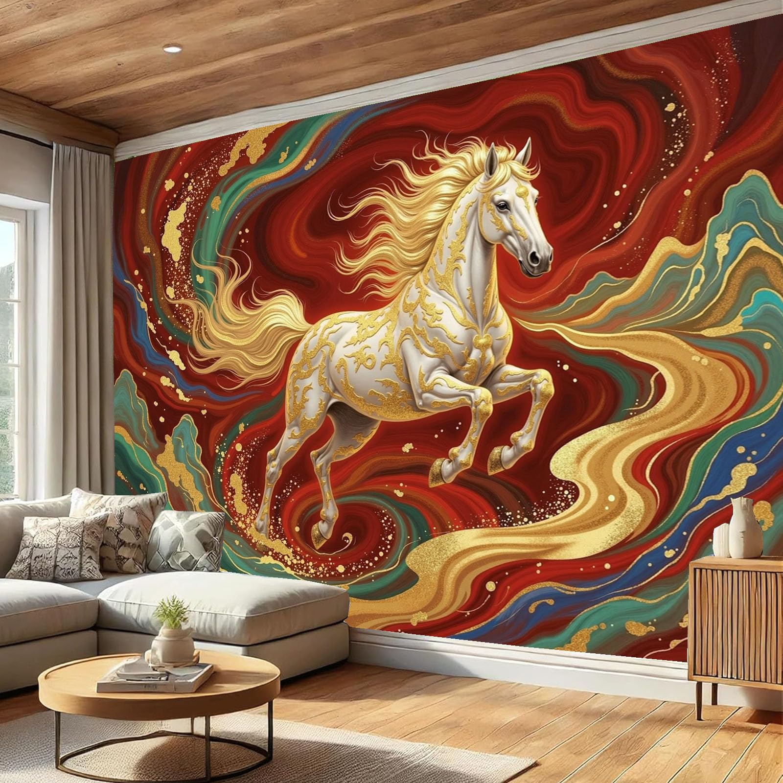 Papier Peint Panoramique Cheval Blanc Rouge 300x210 cm pour Salon