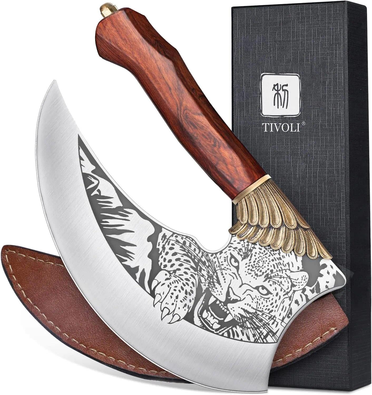 TIVOLI Ulu Knife 9-inch Pizza Cutter Axe, Viking Butcher Cleaver Knife, German 1.4116 Super Steel Rose Wooden Handle with Sheath & Box, Mincing Meat Vegetable Rocking Knives Birthday Gift Men Women