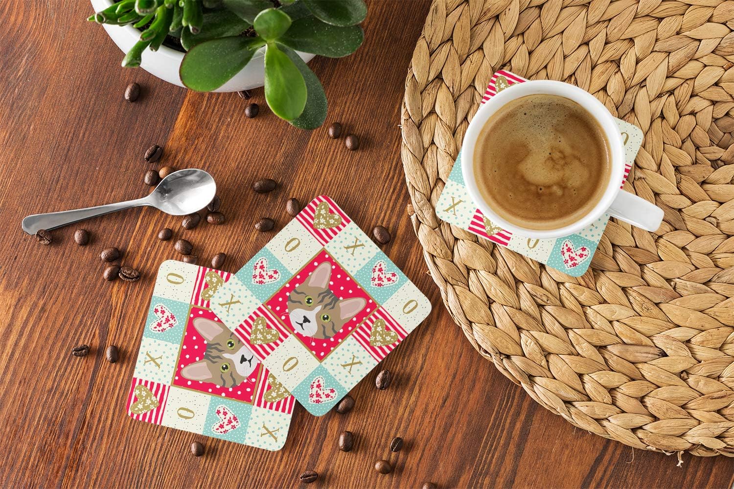 Caroline's Treasures CK5112FC Dragon Li Cat Love Foam Coaster Set of 4, Red Set of 4 Cup Coasters for Indoor Outdoor, Tabletop Protection, Anti Slip, Mouse pad Material image 4