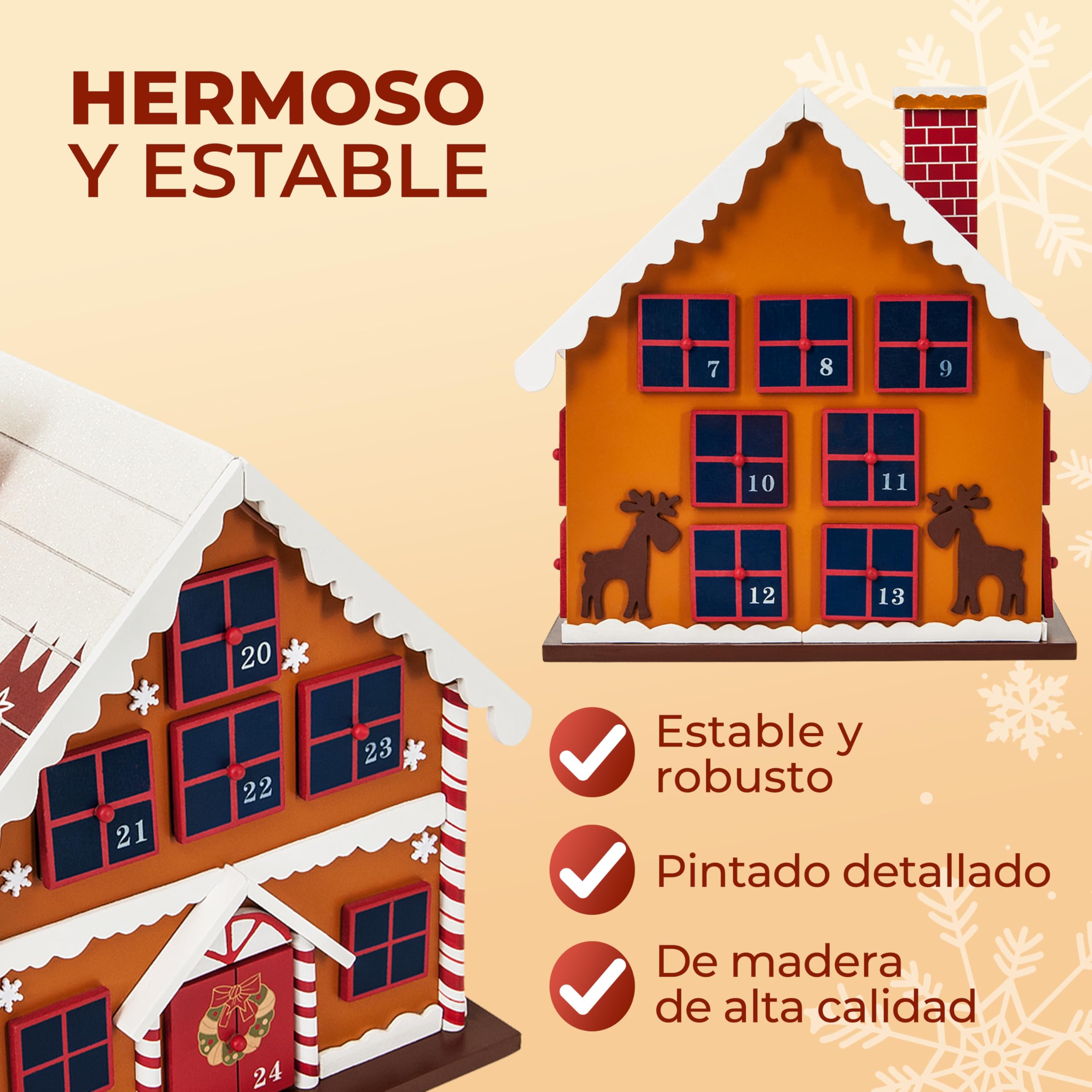Spielwerk® Calendario de Adviento Madera Casita Jengibre 24 Cajoncitos Rellenable Chuches Vacio Reutilizable Adorno Decoración Navidad 2025 Personalizable