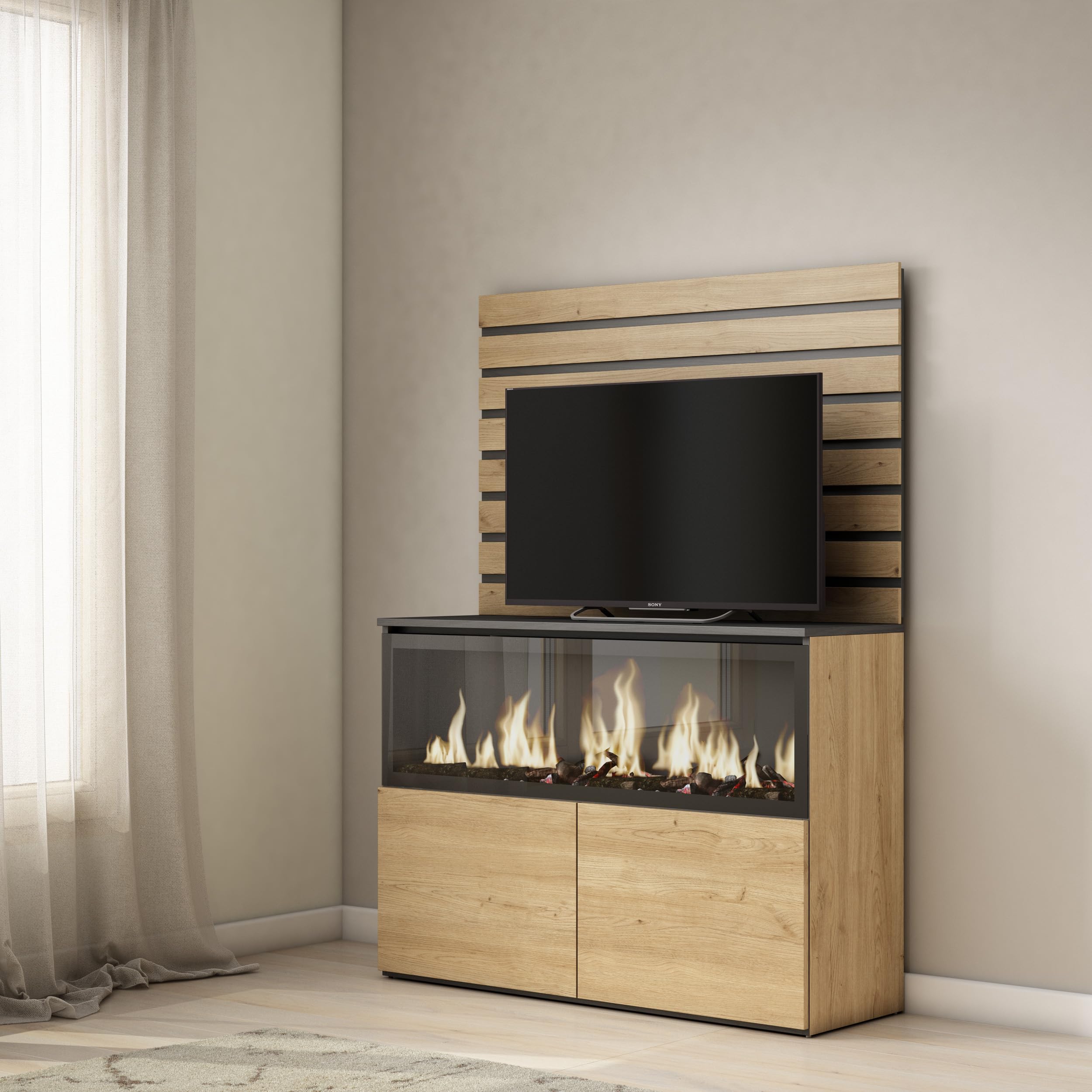 Skraut Home | Aparador | con Almacenamiento | 107x145x35 cm | Dormitorio, habitación | Chimenea eléctrica XXL | Estilo Moderno | Roble