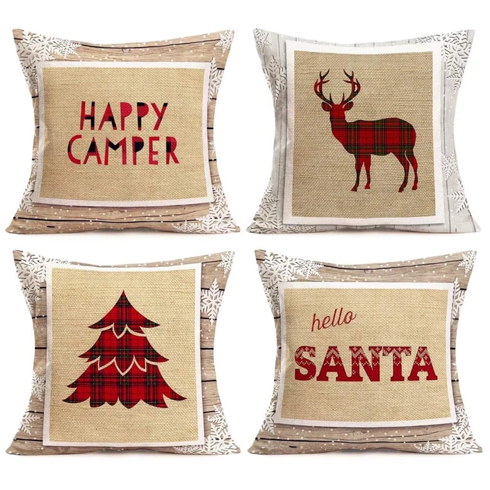 Dekorative Kissenbezug 55x55cm 4er Set,mit unsichtbarem Reißverschluß Dekokissen Kissenbezüge,Weihnachts-Elch-Weihnachtsbaum Kissenhüllen für Außenbereich Terrasse Garten Bank Wohnzimmer Sofa Dekor