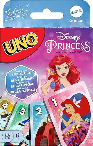 Mattel Games UNO Disney Princess - Juego de cartas para noche familiar con gráficos temáticos de película para 2 a 10 jugadores