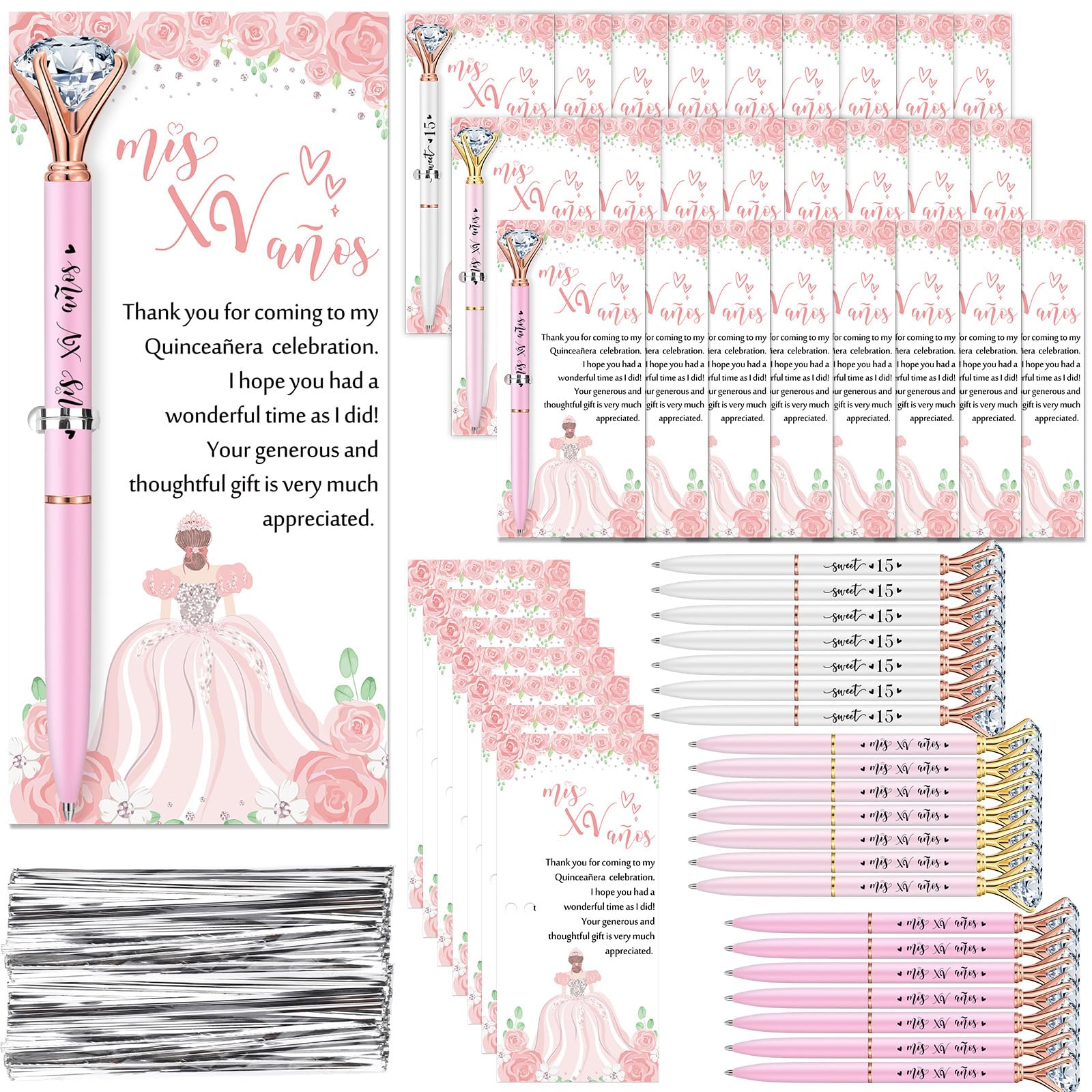 Gilprop 25 Sets Quinceanera Party Favors Sweet 15 Diamond Pens Fancy Ballpoint Pens with Crystal Birthday Party Thank You Cards and Ties Thank You