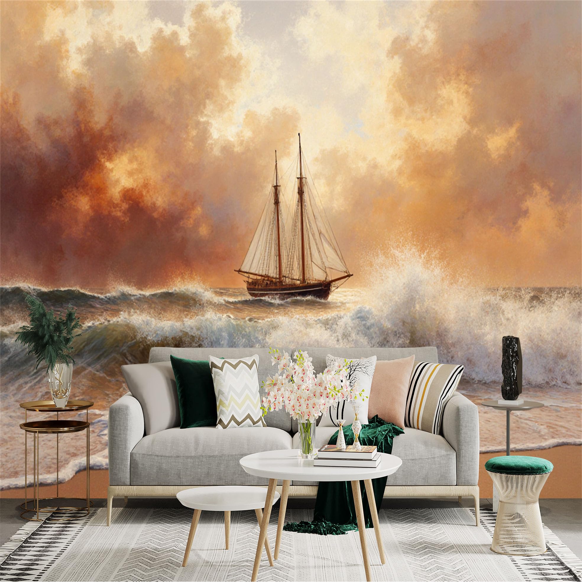 Custom Size Wall Sticker Mural， Sailboat on Rough Ocean Waves， Golden Sunset Sky， Nautical Seascape View， for wall Decoration， peelandstick wall Decals.