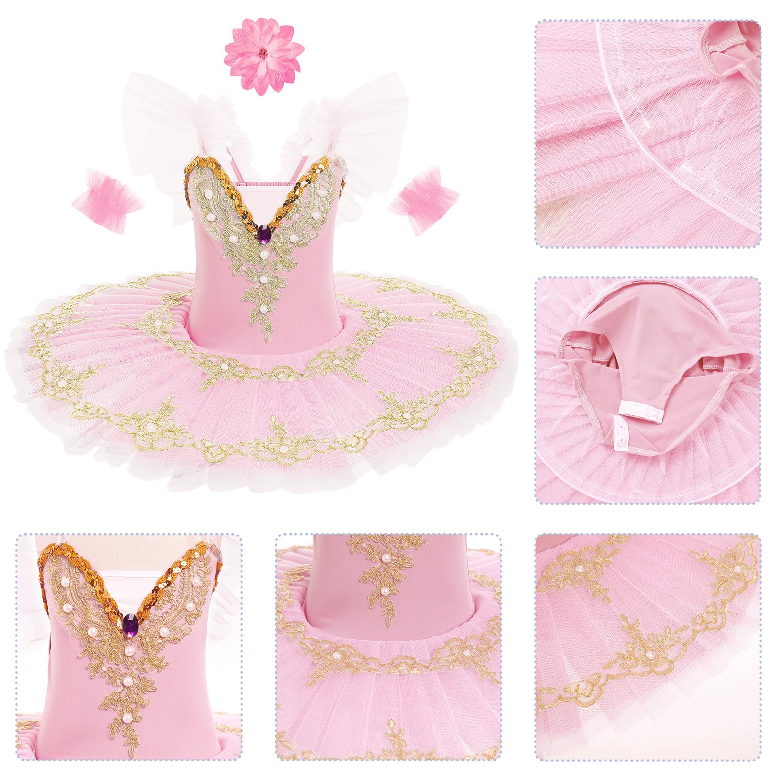 IDOPIP Vestito da danza da bambina, con tutù da balletto, pancake, costume da ballo con maniche a volant, pizzo ricamato con paillettes e clip per capelli