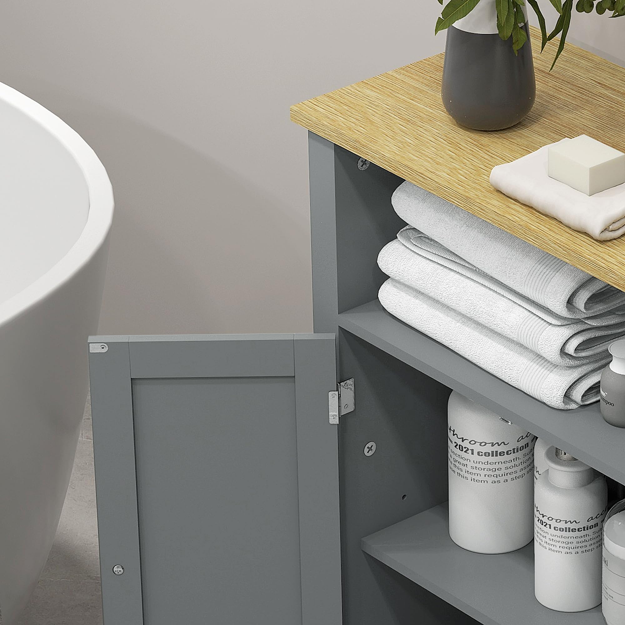 kleankin Meuble Bas de Salle de Bain Multi-Rangements, Gris et Naturel | Grande Niche, Placard Double Porte, Étagère Réglable en Hauteur