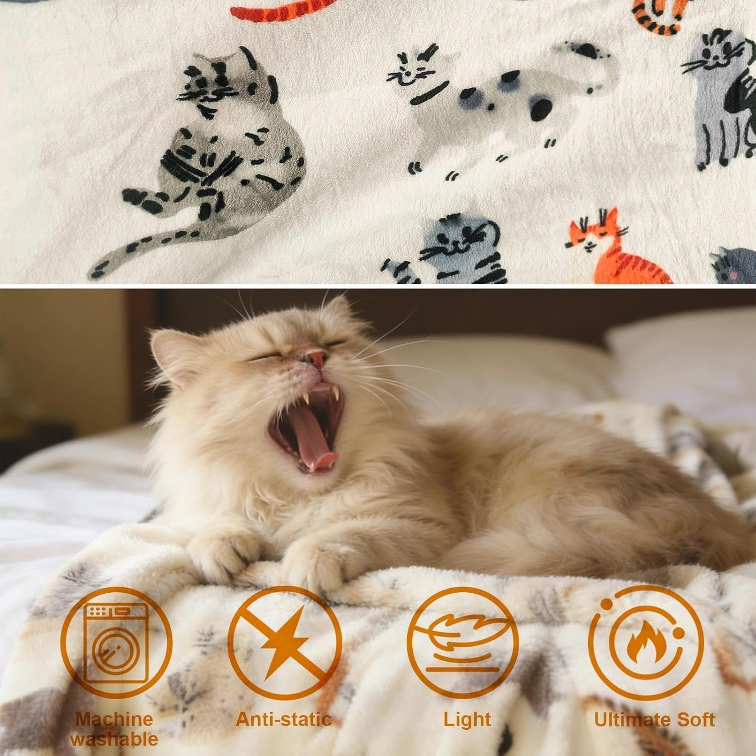 Cat Throw Blanket, 60"x80" Soft Cozy Flannel Throw with Cat Print for Pet Lovers Lightweight Pet Themed Blanket Gifts Full Seasons
