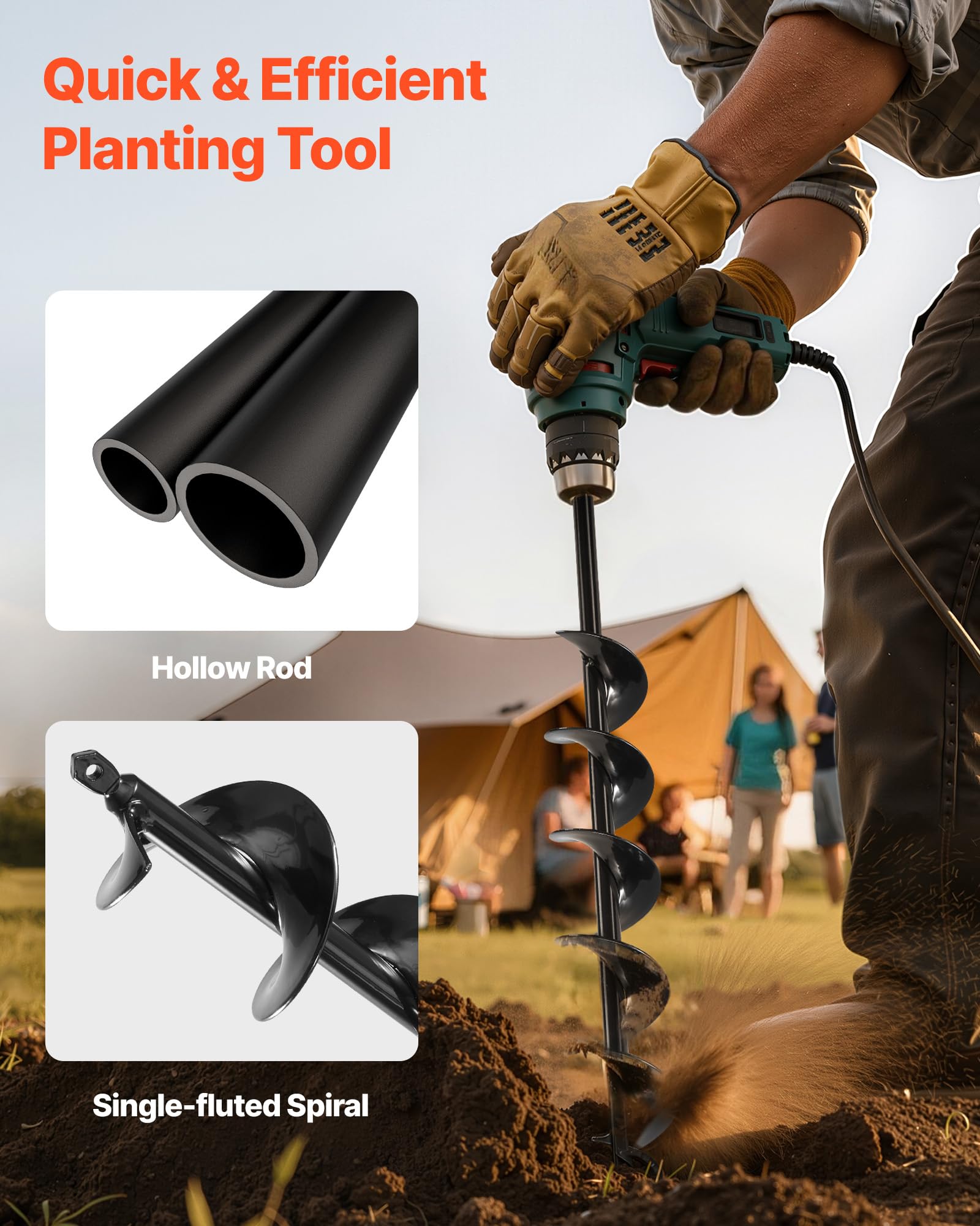 VEVOR Erdbohrer für Bohrmaschine, Ø 8x60 cm Pfahlbohrer, für 3/8-Zoll-Sechskant-Bohrer, Erdlochbohrer, Durchlässenbohrer, Lochbohraufsätze zum Graben von Gartenpfostenlöchern und Zäunen