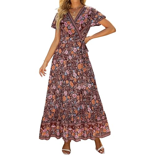 ZESICA Women's 2024 Bohemian Floral Printed Wrap V Neck Short Sleeve Split Beach Party Maxi Dress