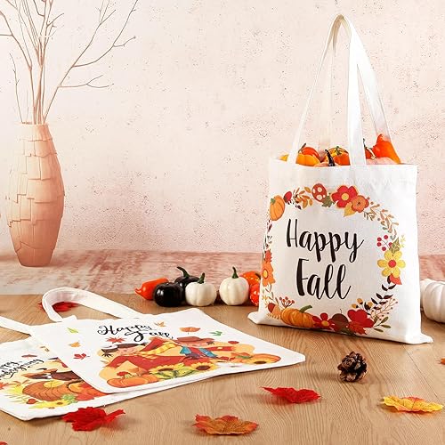 Miniatura 3 de GreenPine - Paquete de 3 bolsas de lona de otoño con diseño de pavo y calabazas, bolsa de mano de algodón reutilizable para Acción de Gracias,