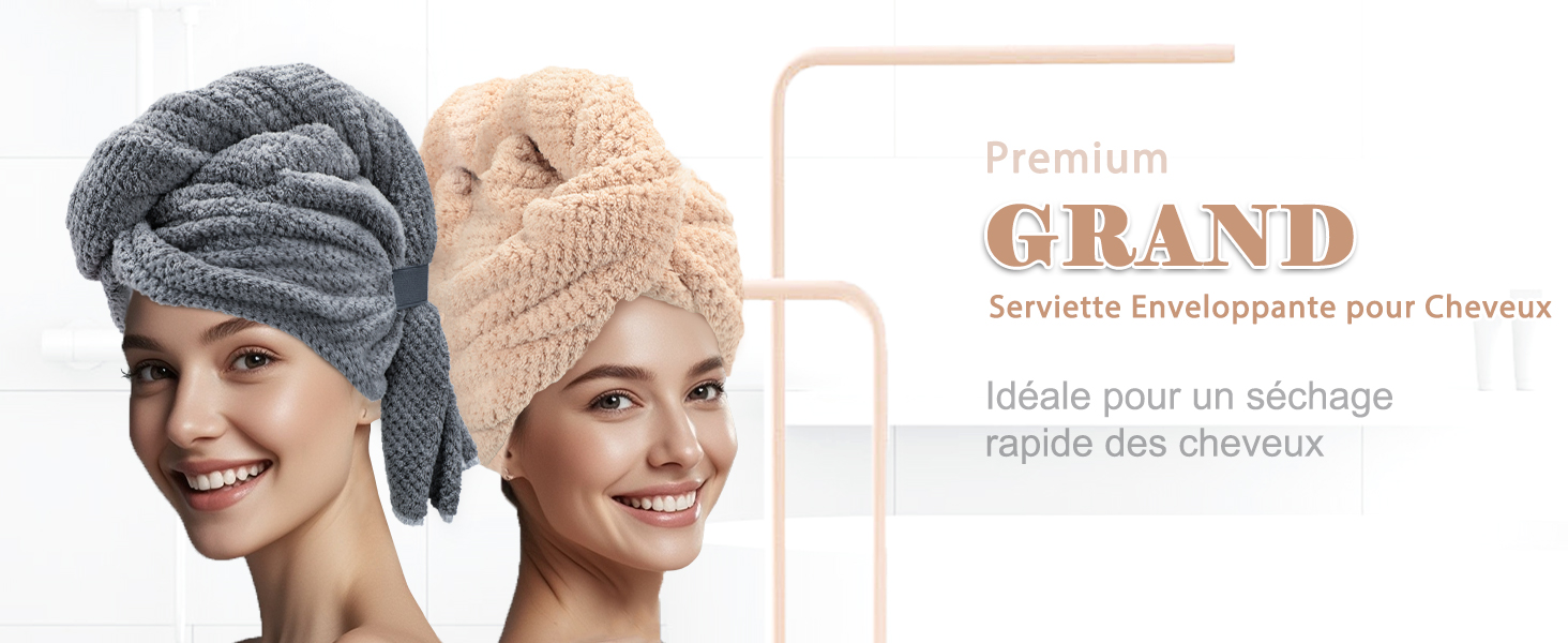 Lot de 2 serviettes en icrofibre pour cheveux longs et bouclés, anti Lot de 2 serviettes en icrofibre pour cheveux longs et bouclés, anti