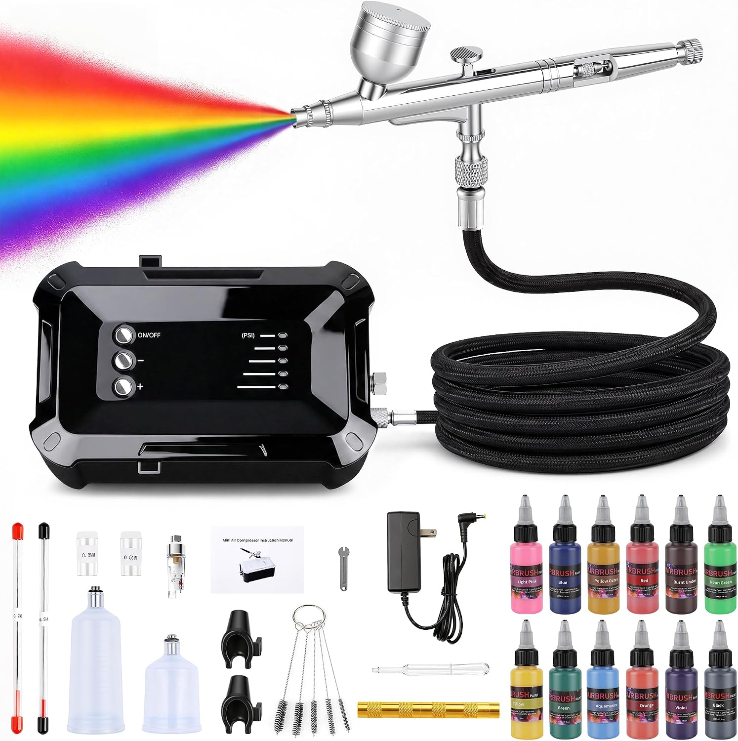 Airbrush Kit with Air Compressor, 15-35 PSI, 3 Nozzles, 12 Paint Colors