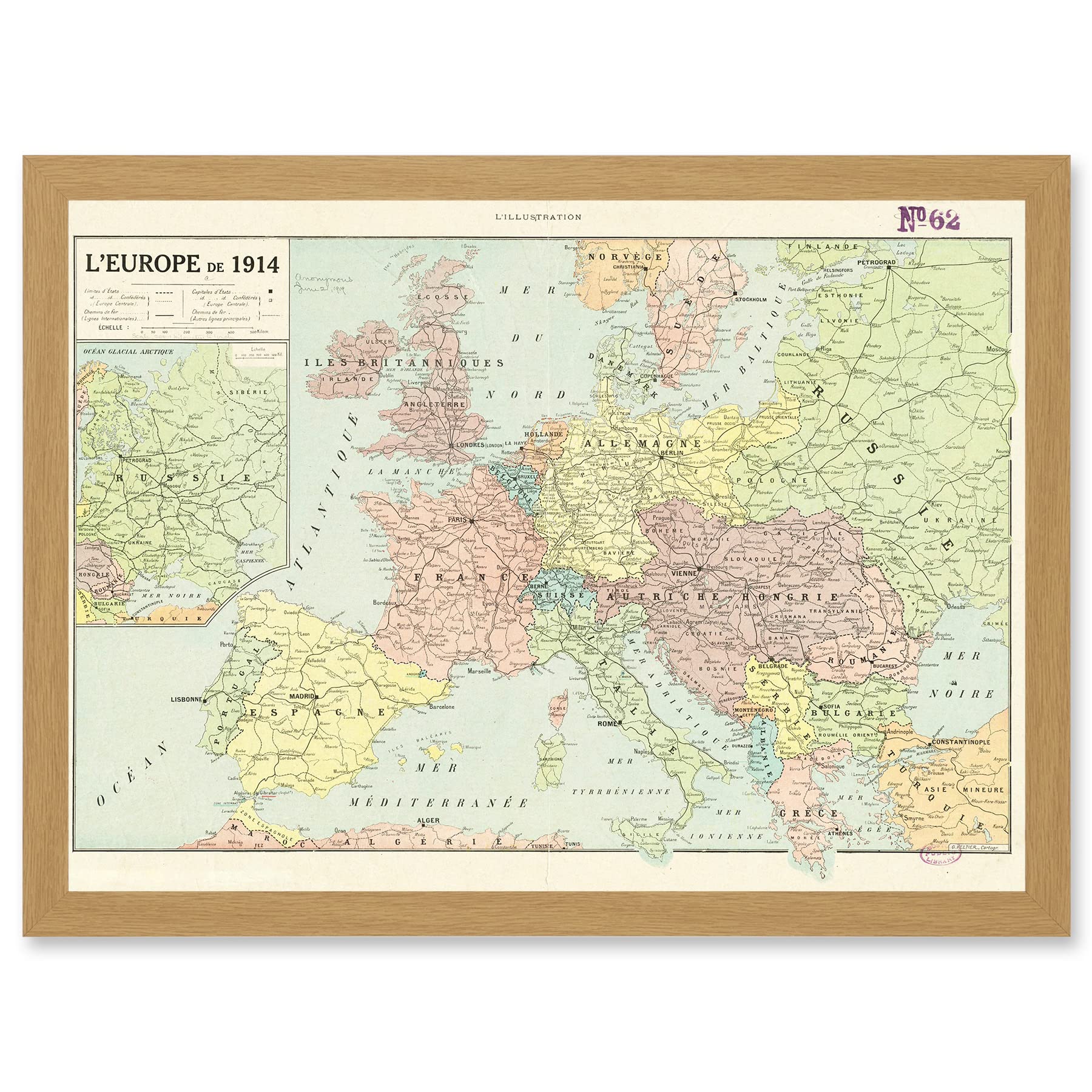 Artery8 Peltier 1914 Political Map Europe French Artwork Framed Wall Art Print A4