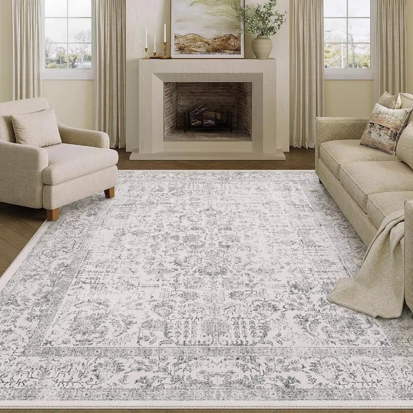 Tapis gris rétro floral 150x210 cm lavable et vintage pour votre salon