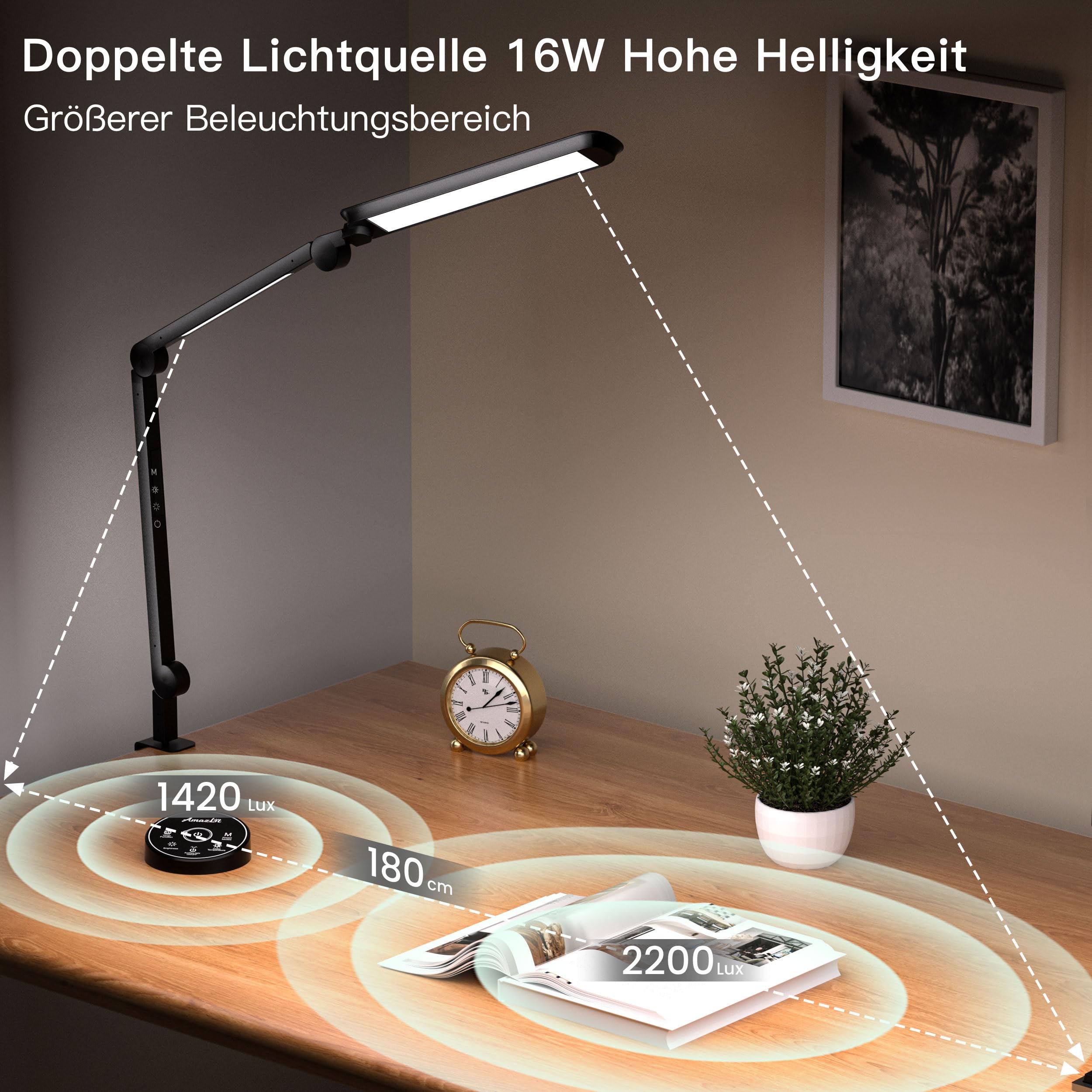 AmazLit Lampada da scrivania, lampada da scrivania a LED, dimmerabile, doppia sorgente luminosa, braccio girevole, temperatura di colore regolabile, 16 W, lampada da tavolo per l'ufficio, telecomando