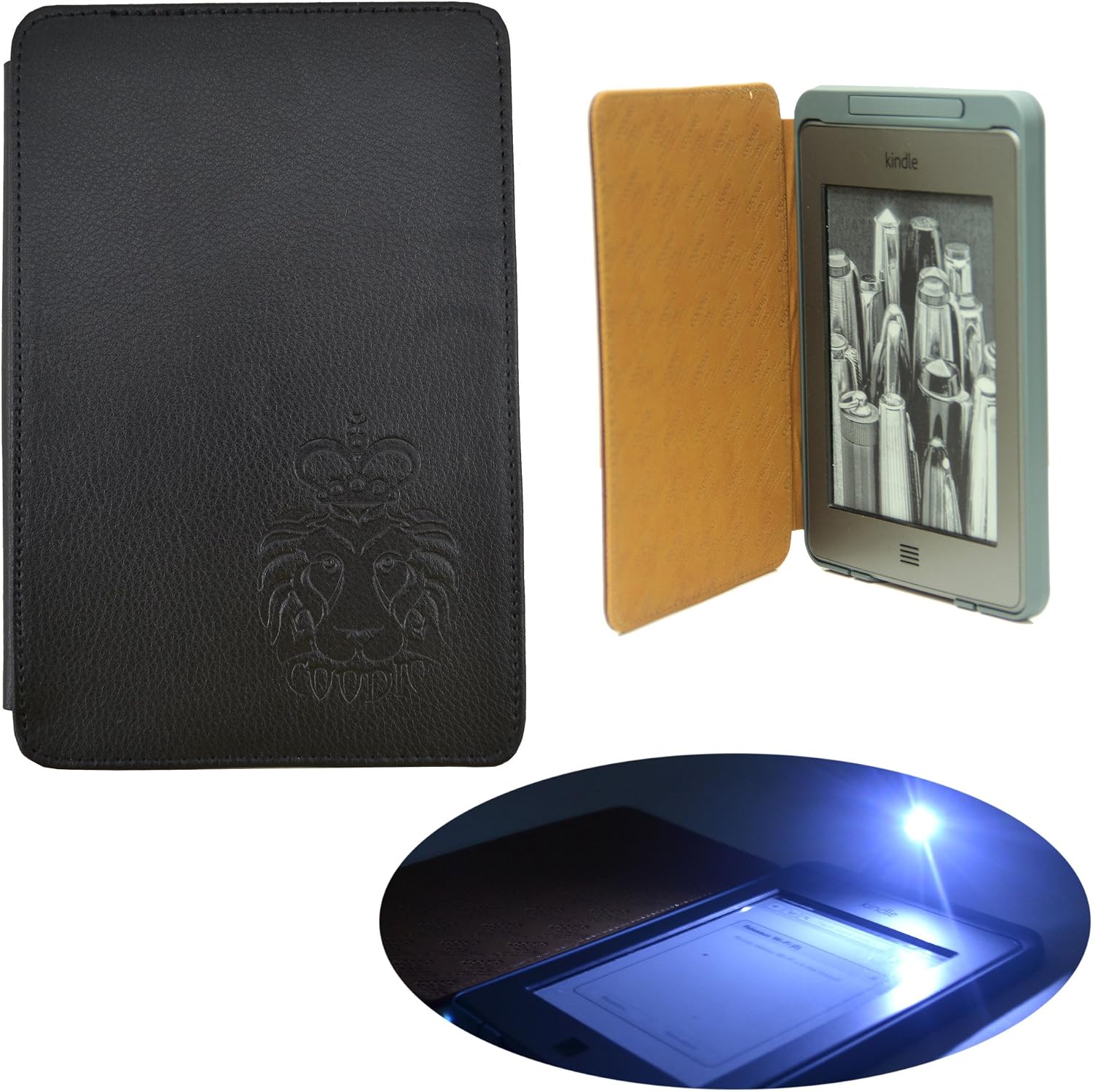 Coodio® Amazon Kindle Touch Lighted Genuine Leather Cover with Built-in-LED Light (Old Version, Do NOT Fit New Kindle Touch 2014) (Brilliant Black)