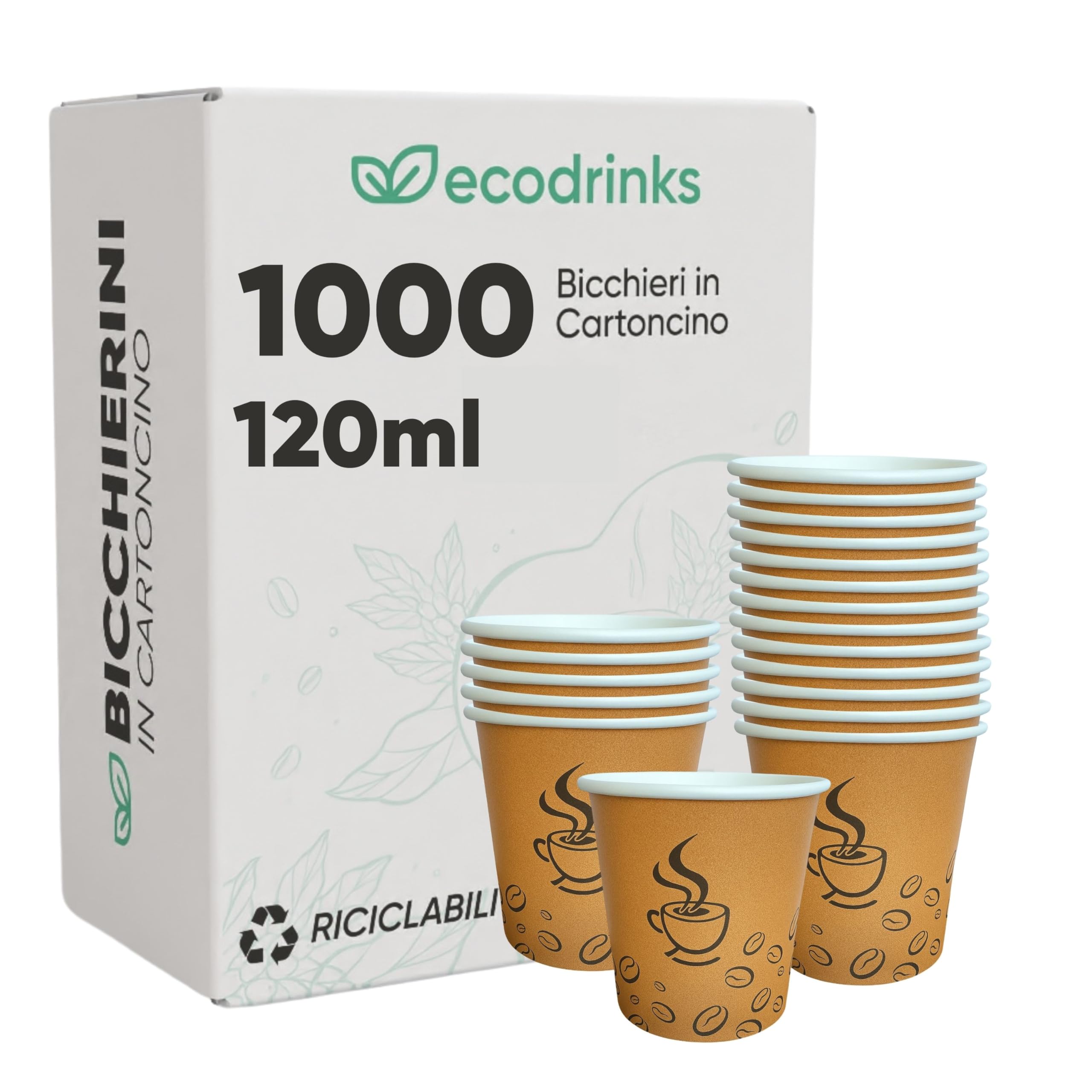1000 Bicchieri di Carta da 120ml, Colore Avana e Grafica Caffè - Rivestimento Interno Impermeabile, Perfetti per Bevande Calde - Biodegradabile, Look Professionale - Per Bar, Ufficio, Eventi