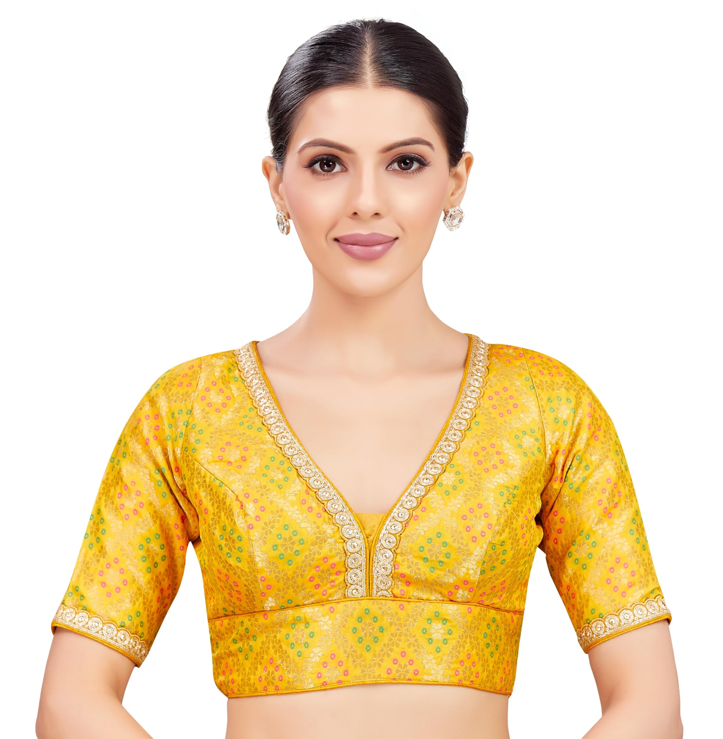 studio shringaar Women's Brocade Elbow Length Sleeves Readymade Embroidered Saree Blouse-picture-26