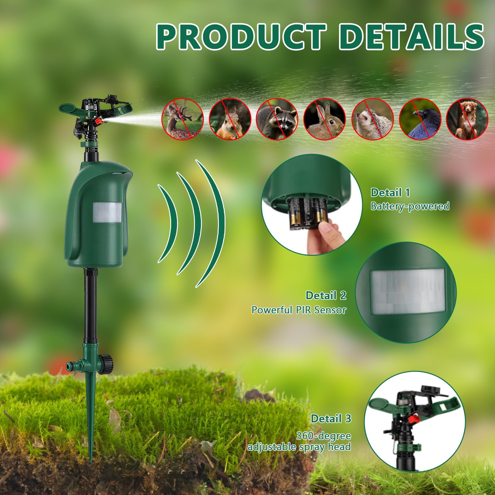 Ahuyentador de Animales con Detector de Movimiento de 120° | cabezal pulverizador ajustable de 360 grados, ahuyentador de garzas para ahuyentar gatos y martas, para jardines, pastos