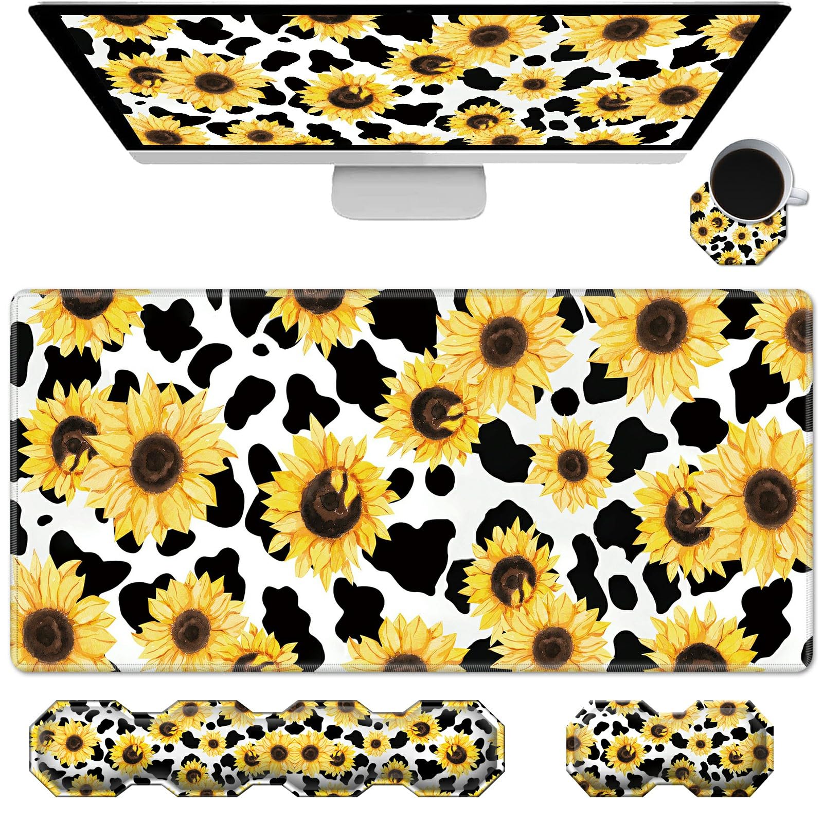 Gaming Mouse Pad Wrist Support & Desk Mat(35.4" x 15.7") & Keyboard Wrist Rest & Coasters CGFGHHUY 4 Pcs Set with Memory Foam Ergonomic Easy Typing