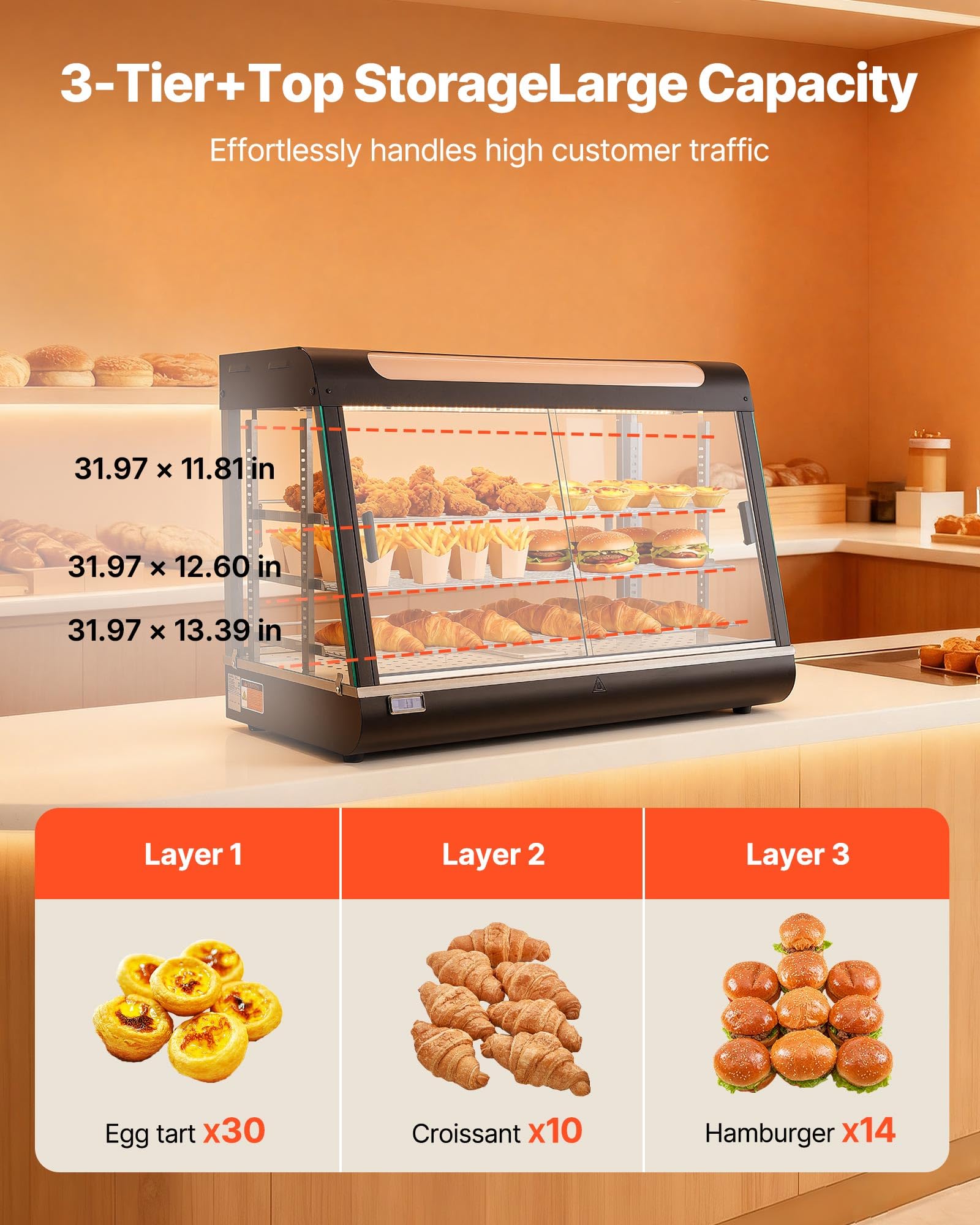 VEVOR Espositore Scaldavivande Commerciale a 3 Livelli, Espositore Scaldavivande da 1400 W con Luce LED, Vano Portaoggetti Superiore e Ripiani Regolabili, per Hamburger, Pizza, Pane, Pollo Fritto