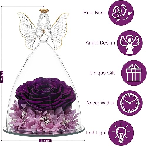 Miniatura 3 de Regalo de rosa para el día de la madre, rosa real preservada en figura de ángel de cristal grande, regalos de rosas para mujeres, regalo de flores