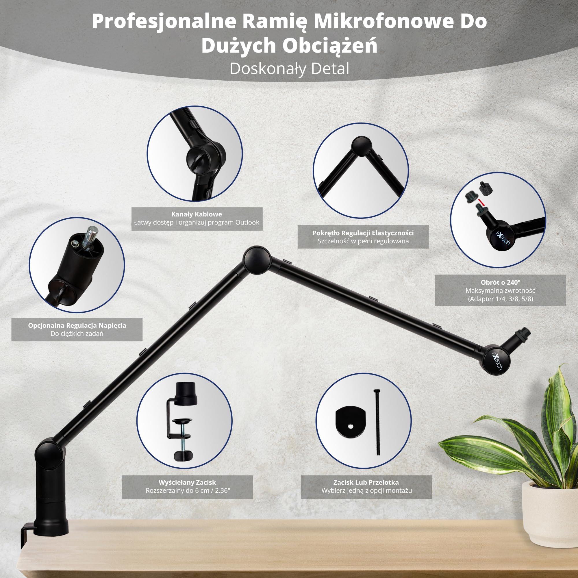 IXTECH Ramię wysięgnika mikrofonowego z uchwytem na biurko, obracane o 360°, regulowane i składane mocowanie nożycowe do podcastów, gier wideo, radia i studia audio, solidne i uniwersalne, elegancki