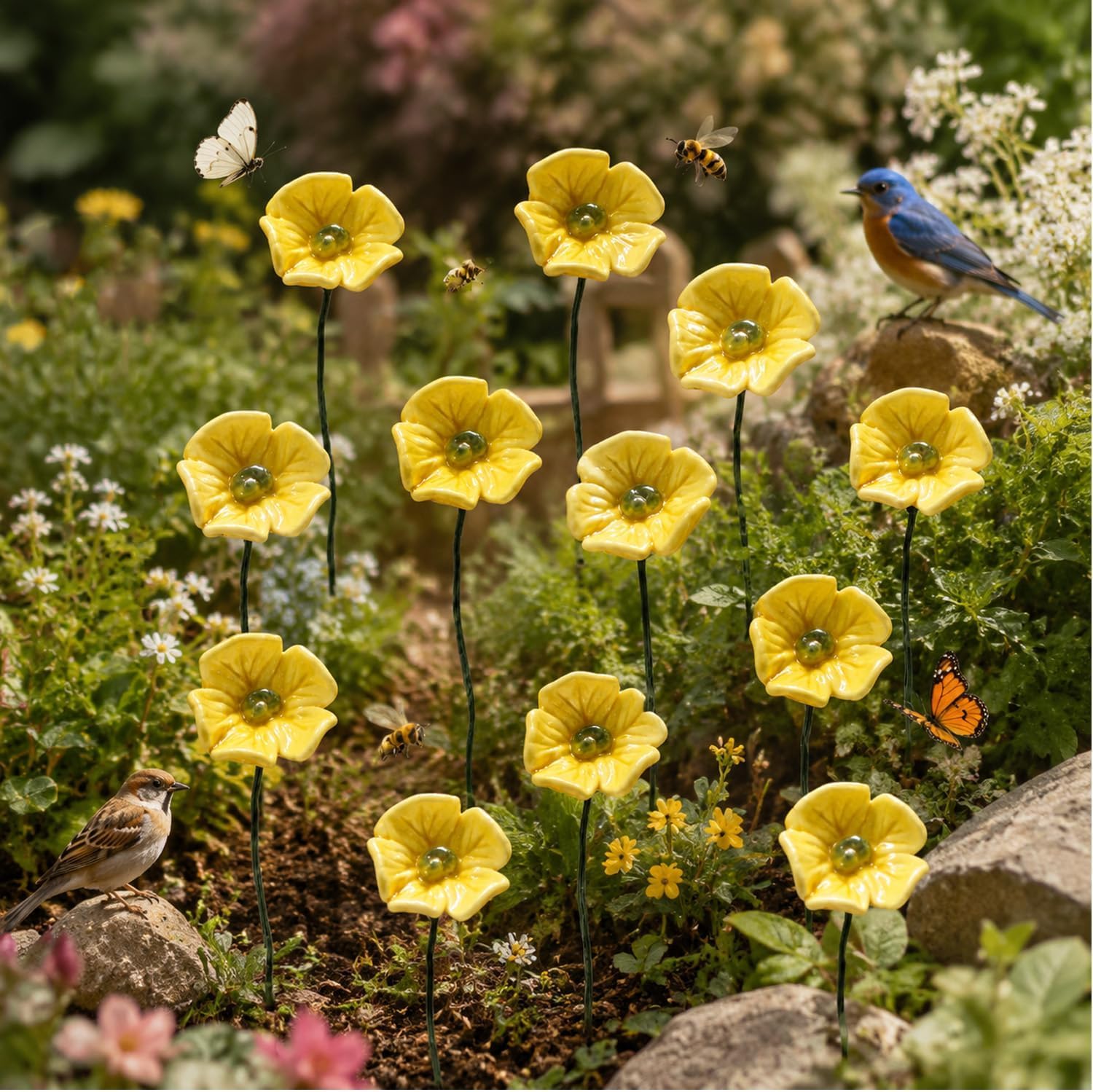 Handmade Ceramic Pollinator Watering Station, Colourful Flower Garden Stakes for Bees, Butterflies & Hummingbirds, Mini Bird Bath Outdoor Garden Decor Gift for Nature Lovers (12pack)