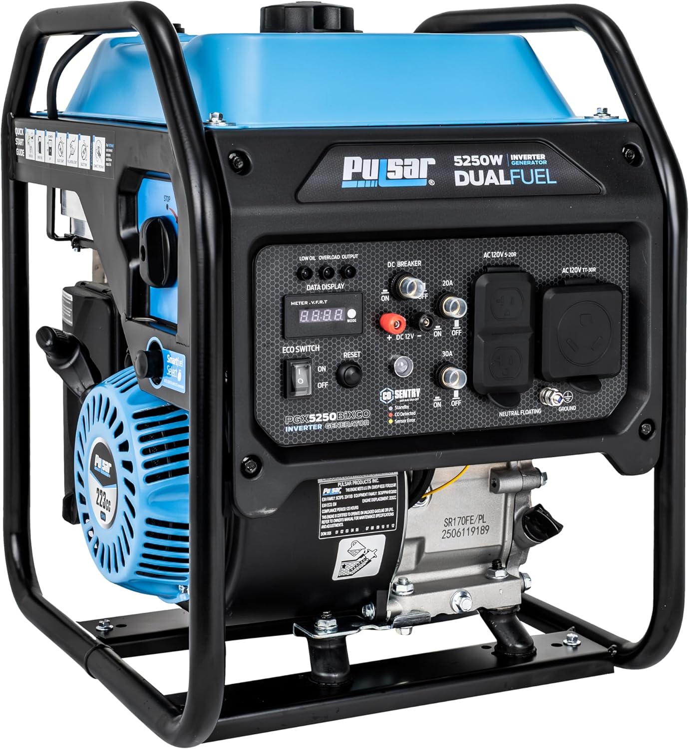 Pulsar PGX5250BiXCO 5250W Dual Fuel Inverter Generator – Gas & Propane, CO Sentry, RV Ready 30A Outlet, Digital Display, Portable Quiet Power for Home Backup, Camping & Jobsite