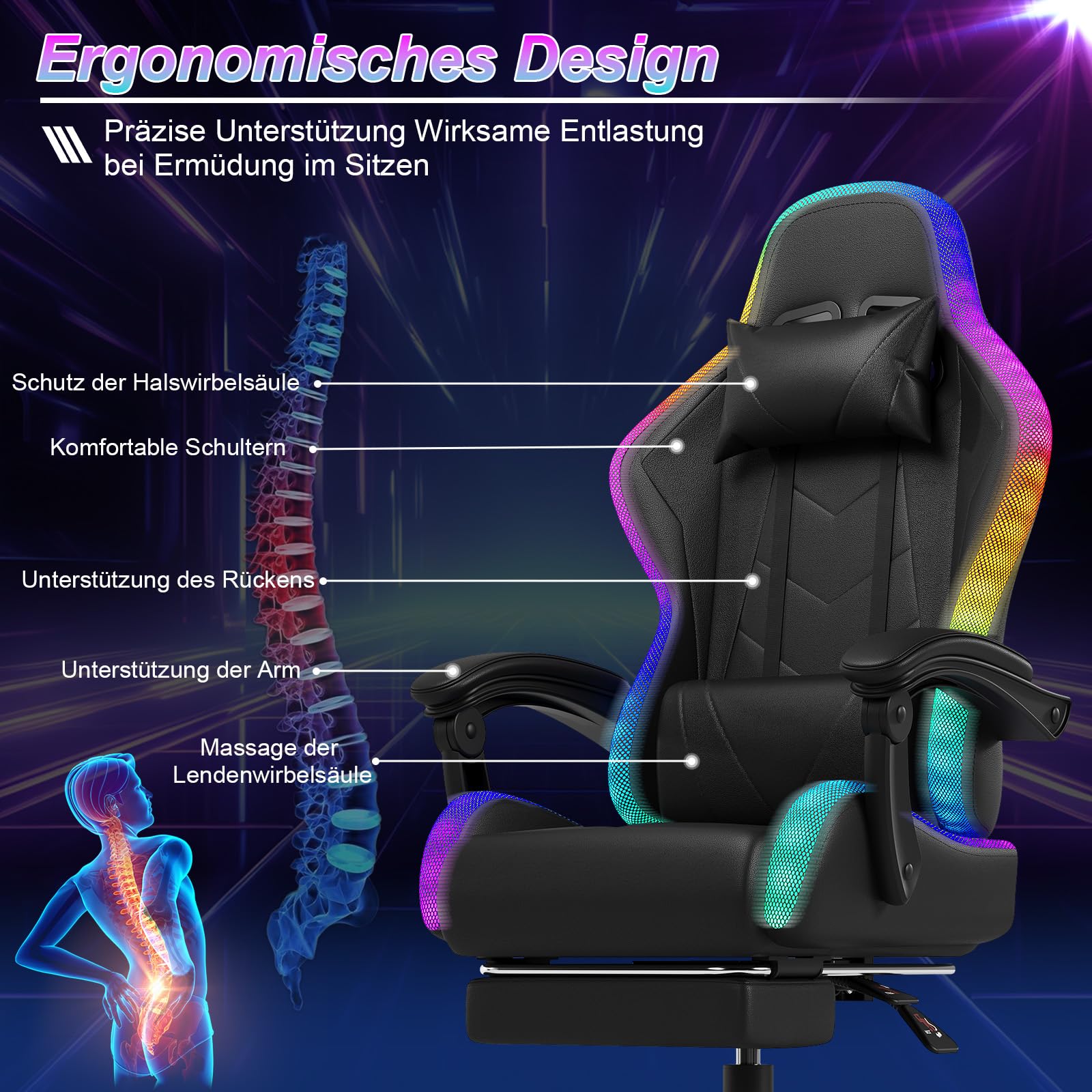 Devoko LED Gaming Stuhl – Ergonomischer Bürostuhl mit Massagefunktion & Teleskop-Fußstütze, Verstellbare Rückenlehne (90-135°), für Gamer bis 150 kg, Augenschonendes Design, Schwarz