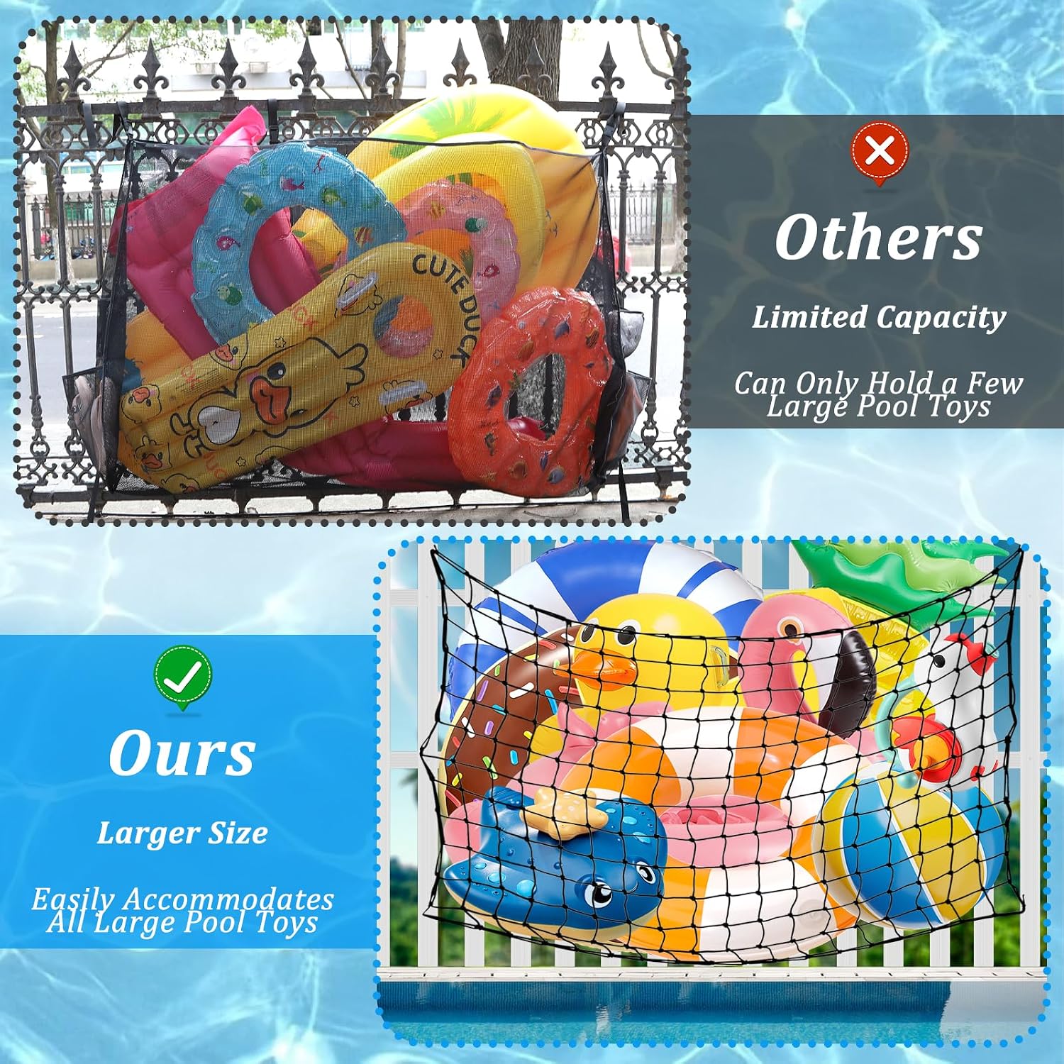 Extra Large Pool Toy Float Storage Net, 71 * 47in Hanging Heavy Duty Elastic Mesh Net Organizer Swimming Poolside Fence Toys Holder for Inflatable Rafts Balls Chairs