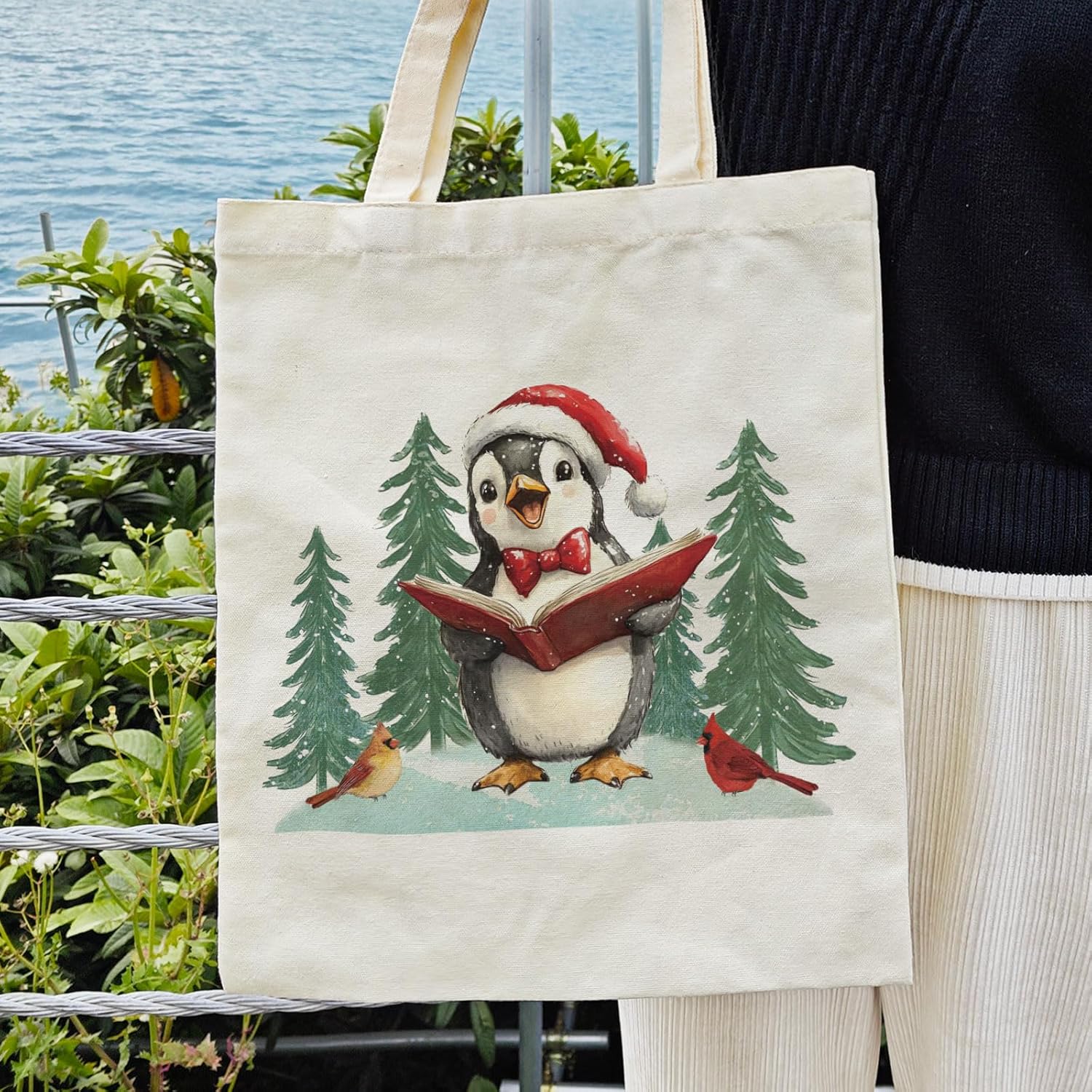 Dlzdn Christmas Penguin Tote Bag Winter Reusable Shopping Grocery Bag Beach Bag Birthday Gifts for Women Teacher - Image 3