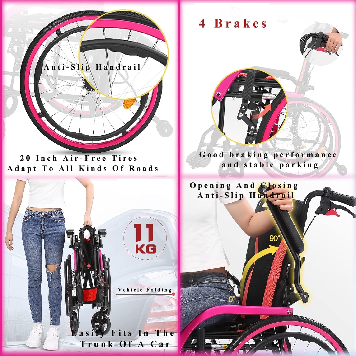 Self-Propelled Wheelchairs，Transport Wheelchair Portable Folding Wheelchair Lightweight Manual Wheelchair Travel Wheelchair for The Elderly、aldult and Children (Color : Pink) : Health & Household