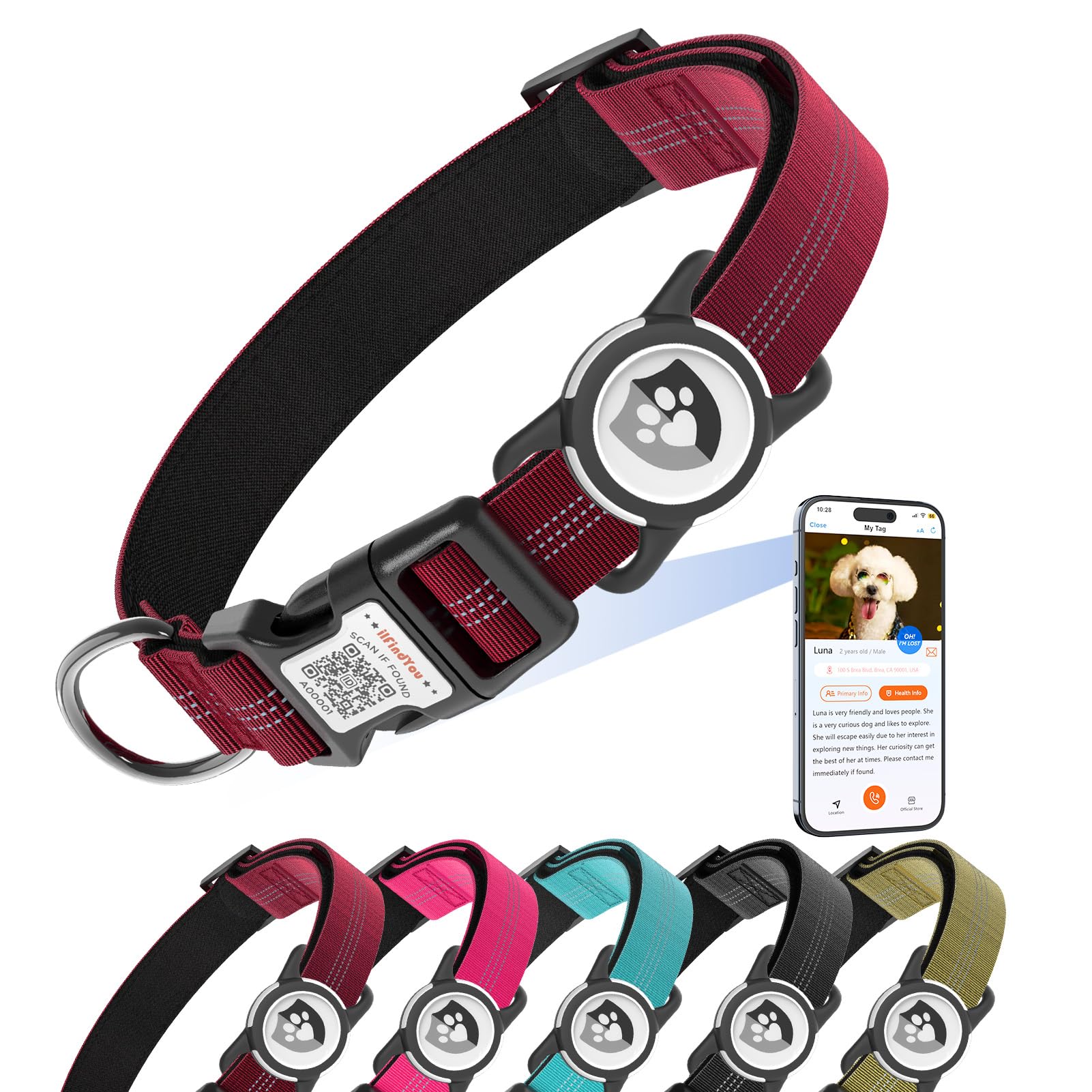 ilFindYou Reflective Dog Collar with AirTag Holder for Large Dogs Soft Nylon Burgundy Sized L