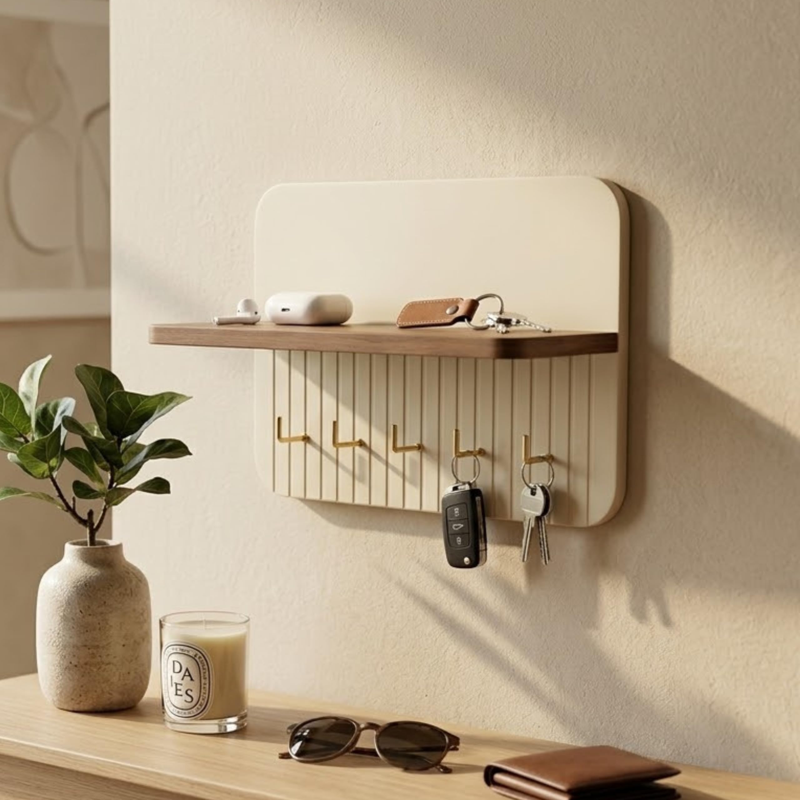 Home Sparkle Wall Mounted Key Holder with Shelf for Home Entrance | Premium Engineered Wood Key Hanger Rack with 6 Hooks | Entryway Organizer, Floating Wall Shelf for Keys & Home Decor Ivory & Walnut-image-0