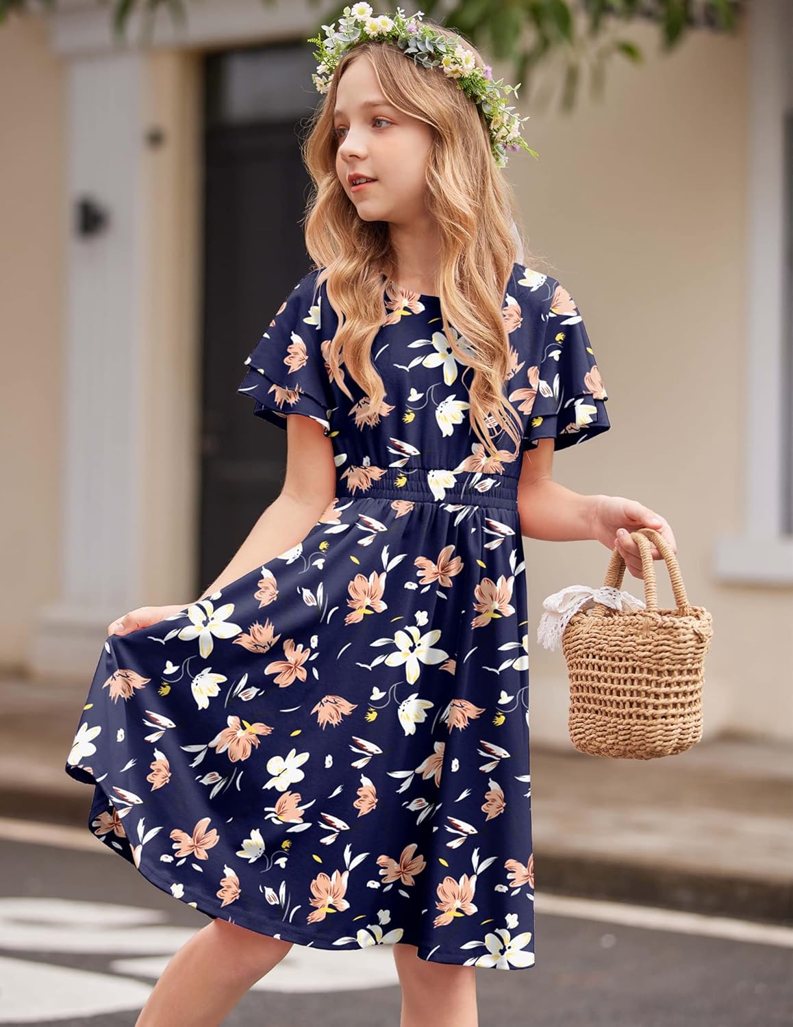 Arshiner Girl's Casual Dress Summer Scoop Neck Short Sleeve Flowy Print and Plain Sundress for Kids 4-14Y - Image 3
