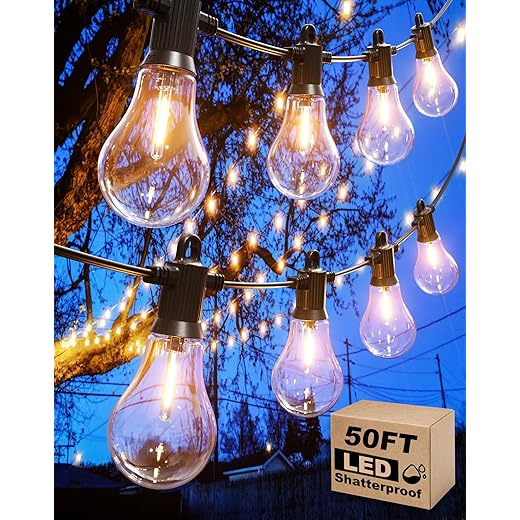 Outdoor String Lights, 50FT LED Patio Lights with 25+2 A45 Vintage Edison Shatterproof Bulbs, Waterproof Connectable Dimmable Outside Hanging Lights for Backyard Bistro Porch Garden