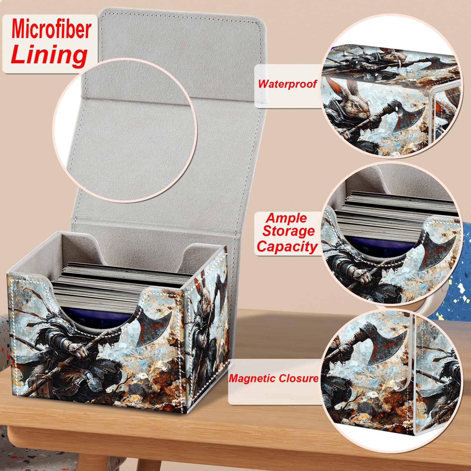 Card Deck Box for MTG, Microfiber Lining and Waterproof PU Leather Large Size Card Box, Fit 100+ Single Sleeved Cards, Strong Magnet Collectible Card Storage Box Fit TCG Fit MTG,Rabbit Dragon Warriors