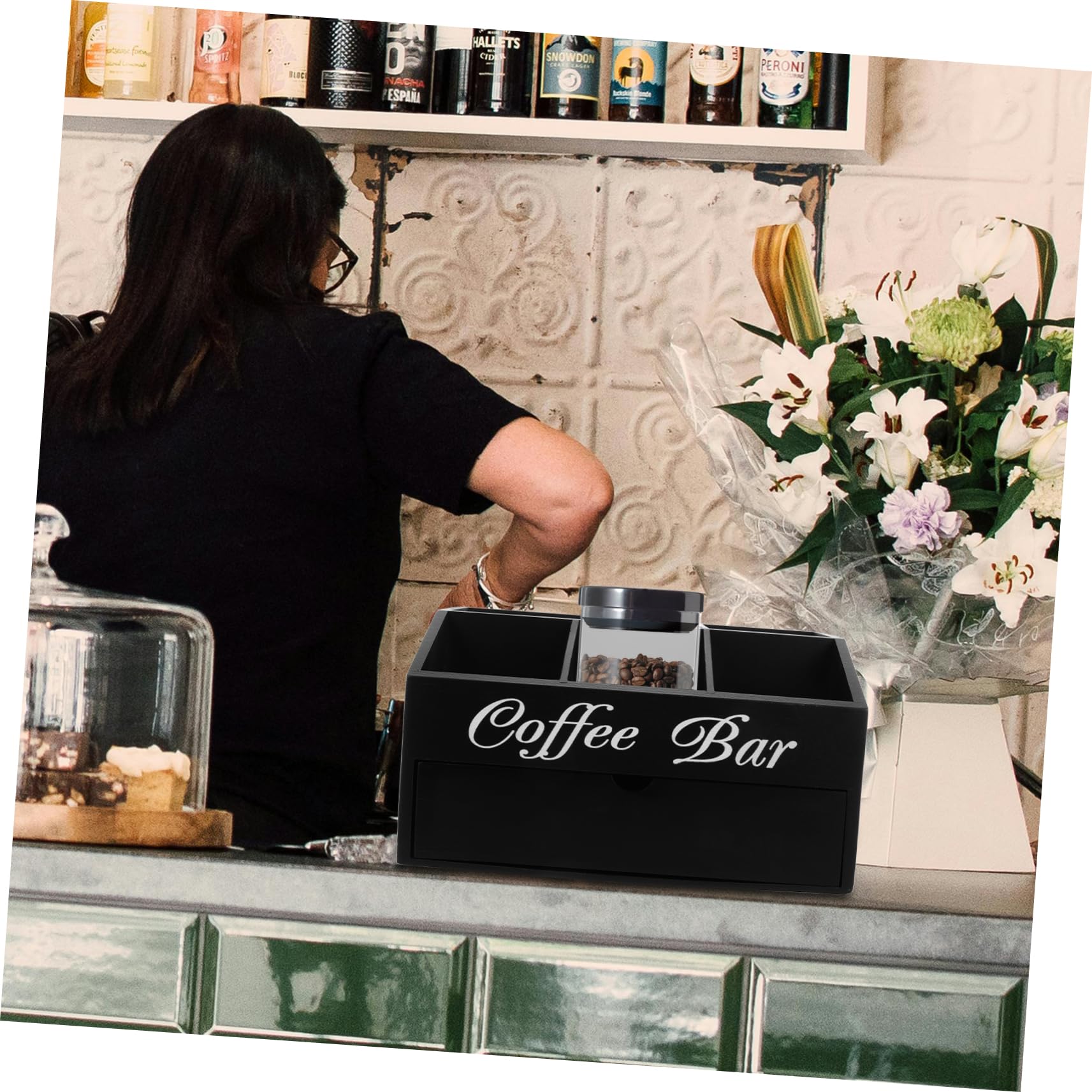 Caja Organizadora de Barra de Café de Madera Negra | Diseño de Compartimentos, para Sobres de Azúcar, Pajitas y Servilletas, Uso en Encimera