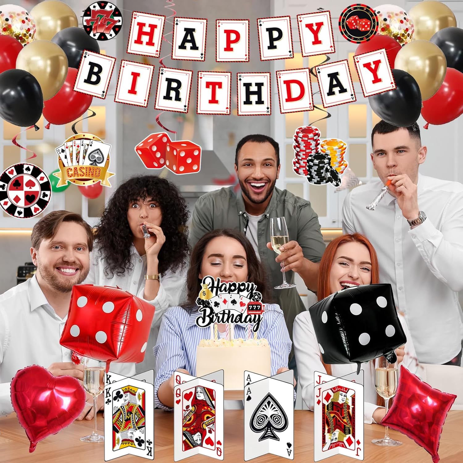 Crenics Casino Birthday Party Decorations - Casino Birthday Backdrop, Banner, Hanging Swirls, 3D Table Card, Balloons and Cake Topper for Poker Theme Party Supplies - Image 6