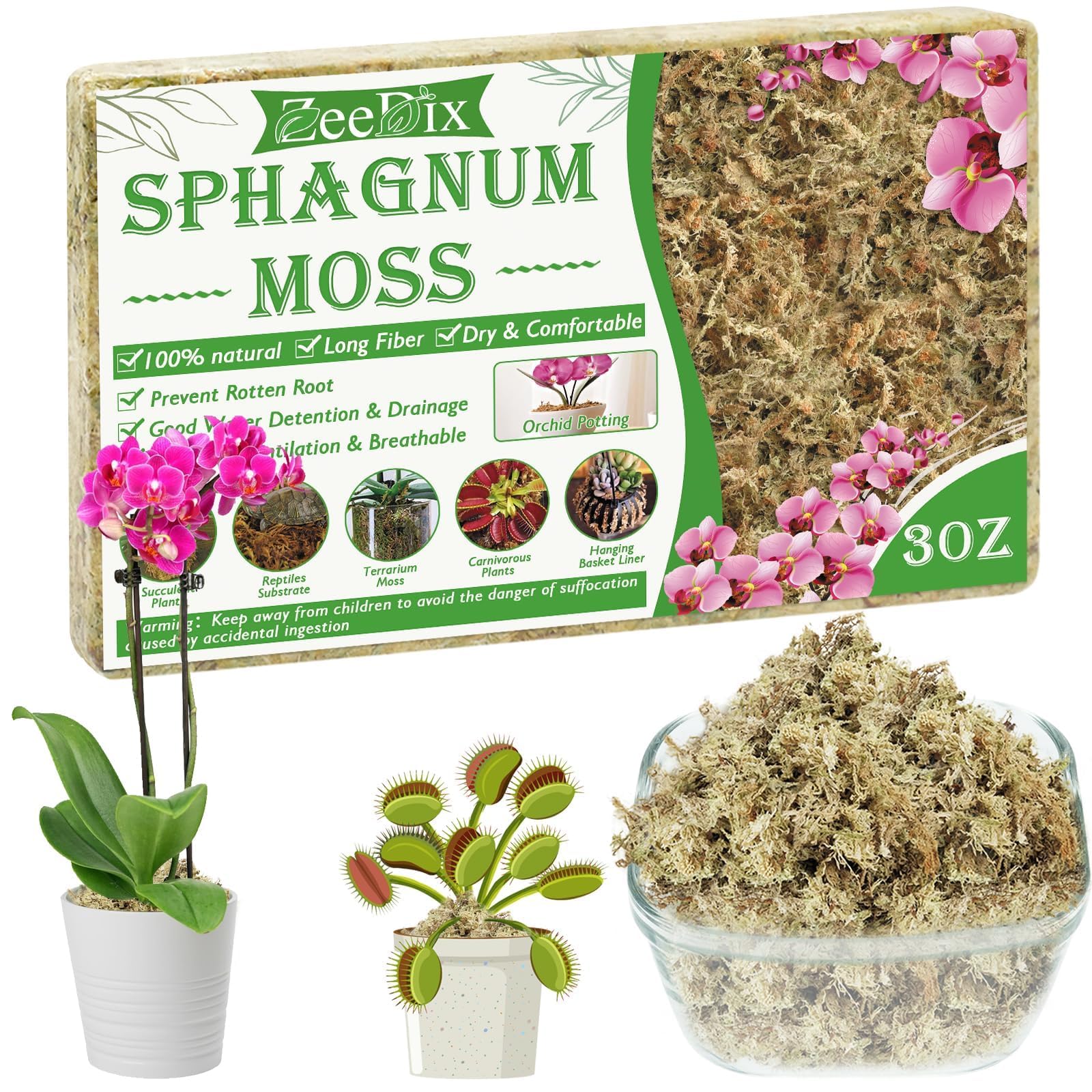 ZeeDix 4QT Natural Orchid Moss Sphagnum for Potting Mix, 3OZ Sphagnum Moss for Moss Pole Repotting Carnivorous Succulent Gardening Plants Reptiles, Dried Long Fibered Sphagnum Moss for Plants Indoor